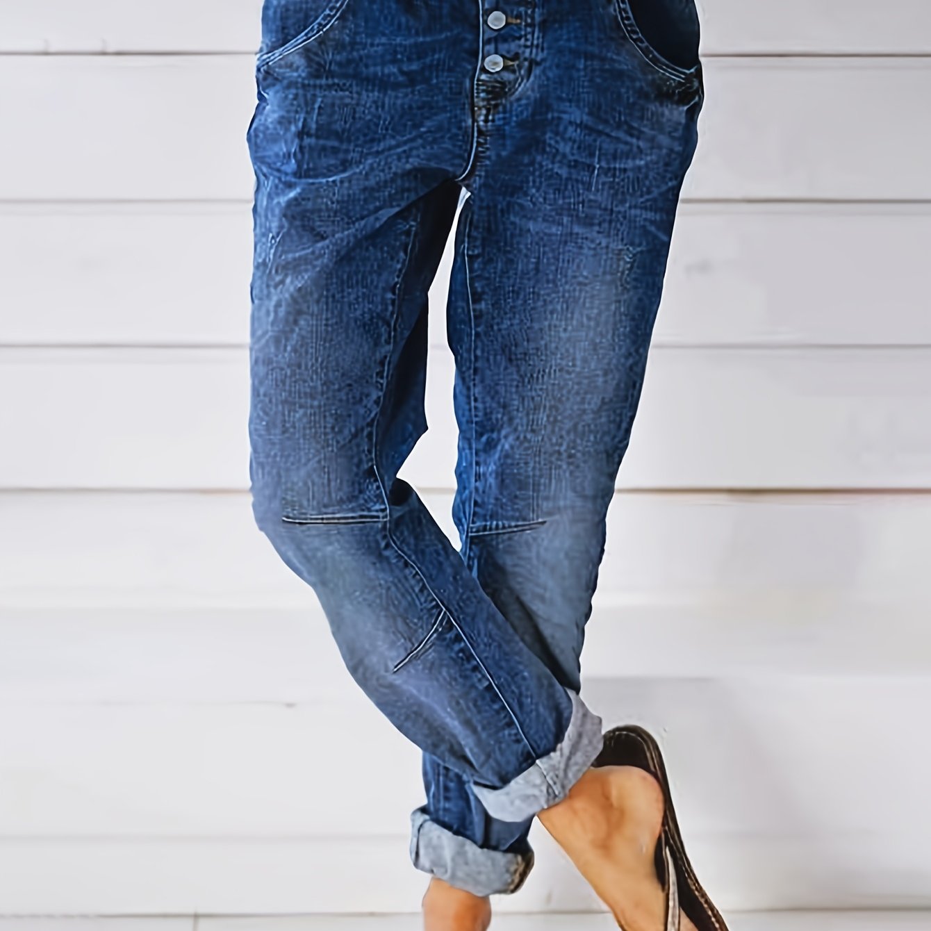 Aw25 Women's Casual Button-fly Jeans - Mid-stretch Denim, Machine Washable, Water-washed Texture, , Classic Regular Fit (solid Color), Elastic Waist Jeans, , Medium Elasticity