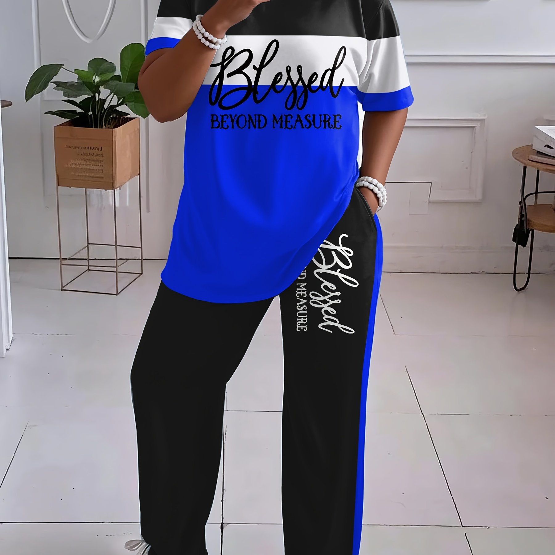 TEMU Plus Size, Ladies' Casual Short-sleeved Trousers Suit, Striped Print Letter , Loose Trousers With Pockets