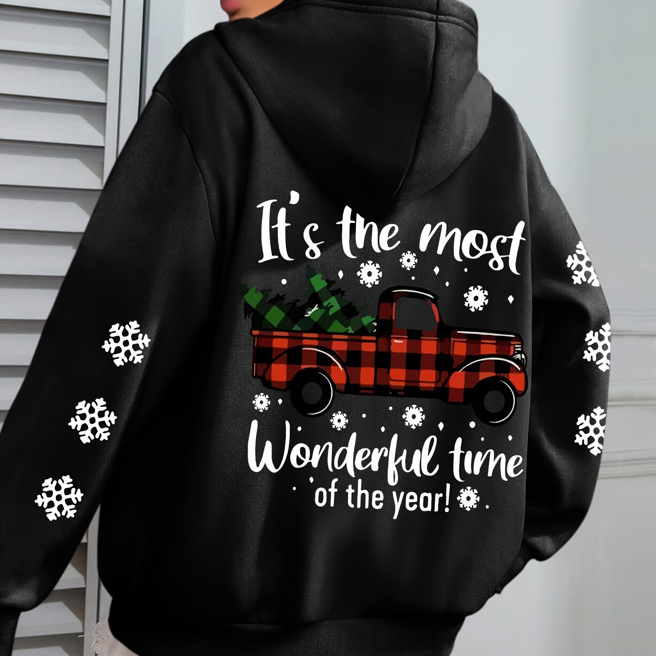TEMU Plus Size, Plus Size Christmas Car Print Hoodie, Casual Long Sleeve With Pocket Hooded Sweatshirt For Winter & Fall, Designed For Women, Women's