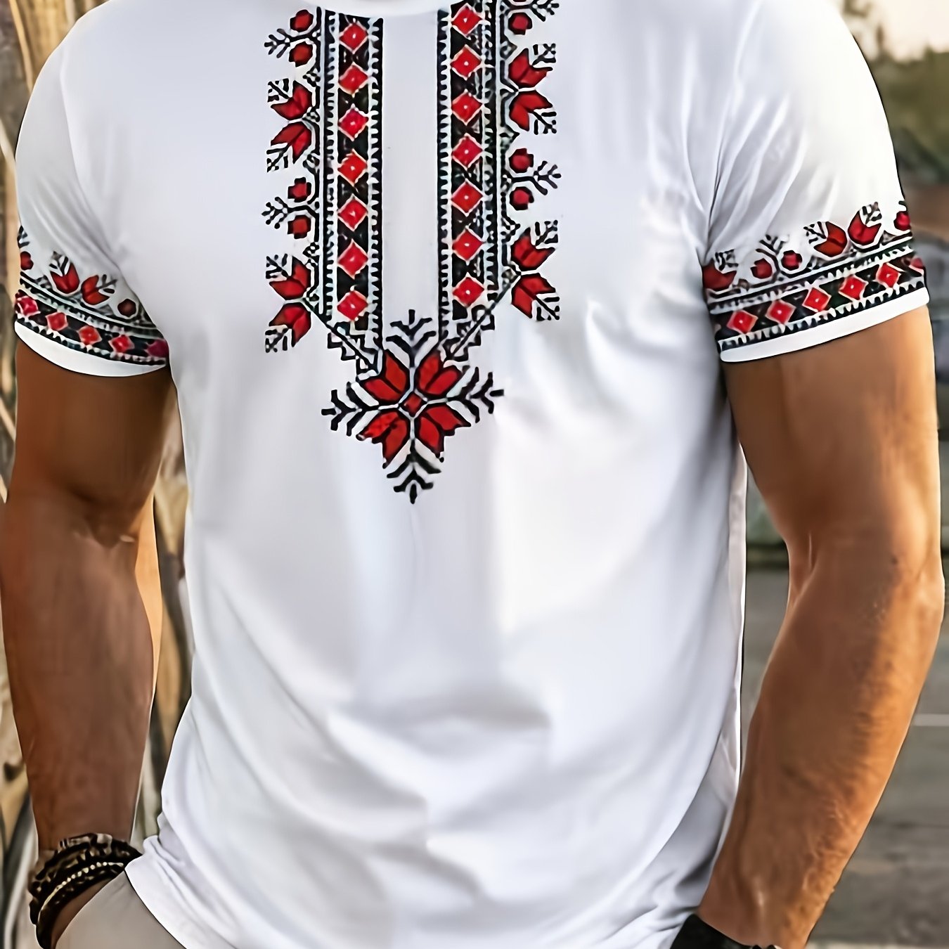 TEMU Summer Men's Round Neck Short Sleeve Eastern European Ethnic Style Floral Print T-shirt, Street Cool Casual Daily Wear