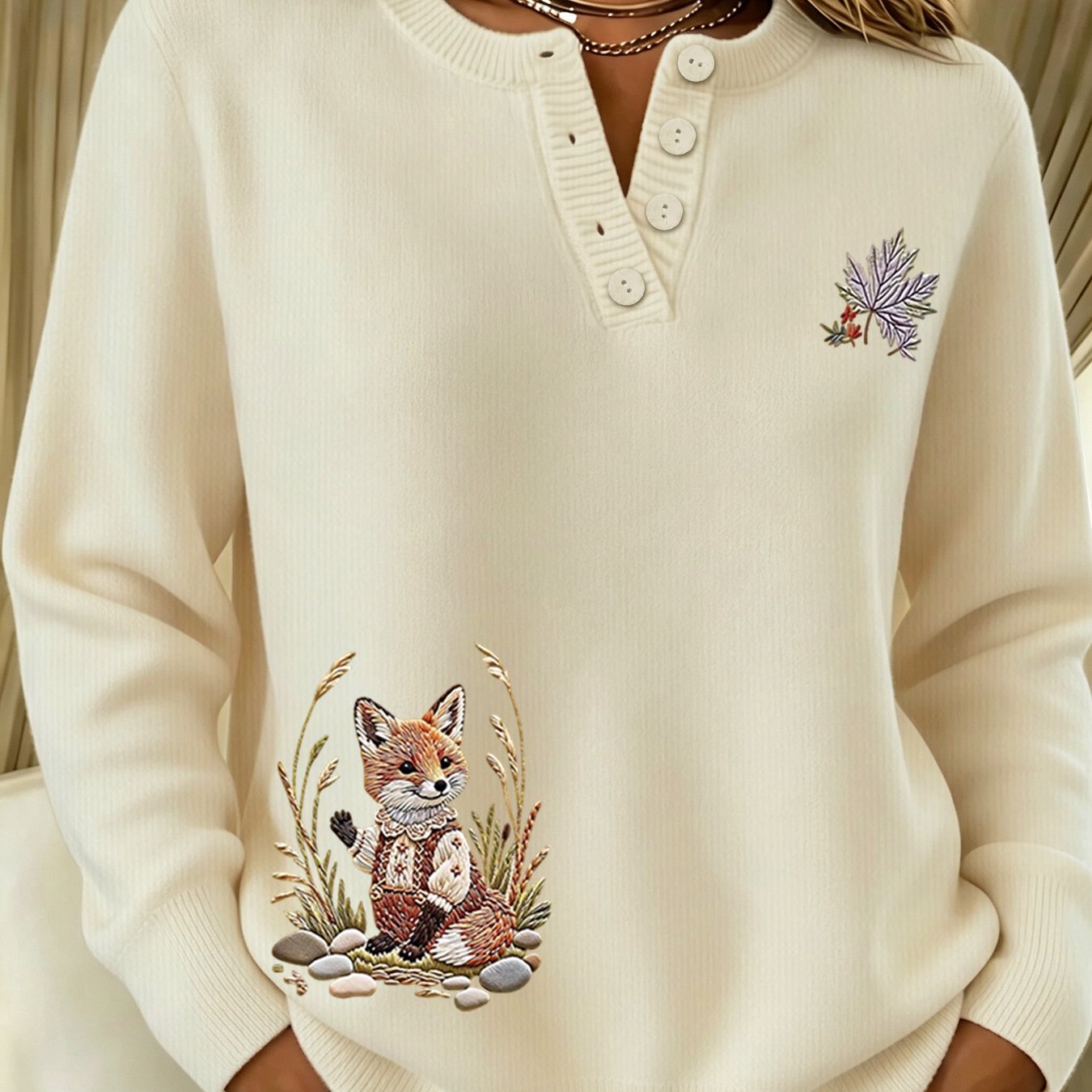 TEMU Women's Semi-button Sweater, Round Neck Long Sleeve Design With Cute Print, Trendy And Beautiful Pullover, Soft And Comfortable