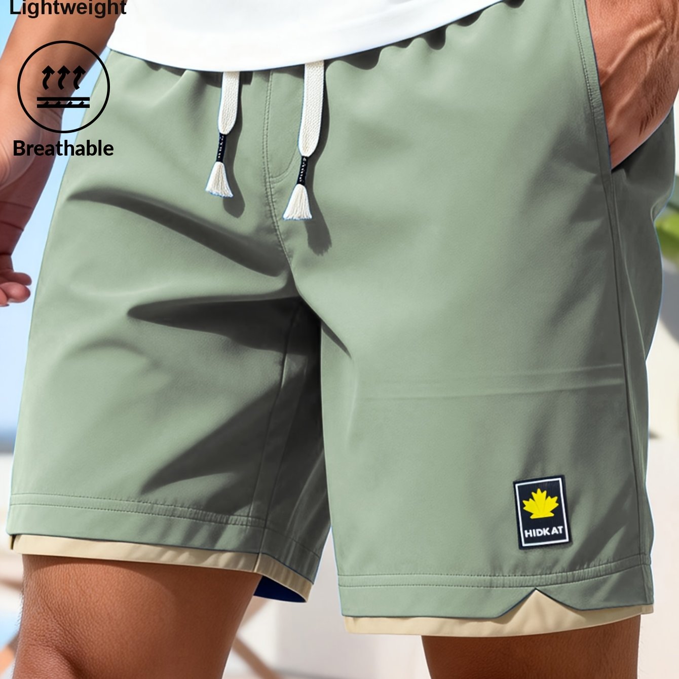 E-shop : Herren Sommer Stylish Casual Five-Point Shorts, leicht und atmungsaktiv mit einem zweiteiligen Kunstleder-Design, mit einem elastischen