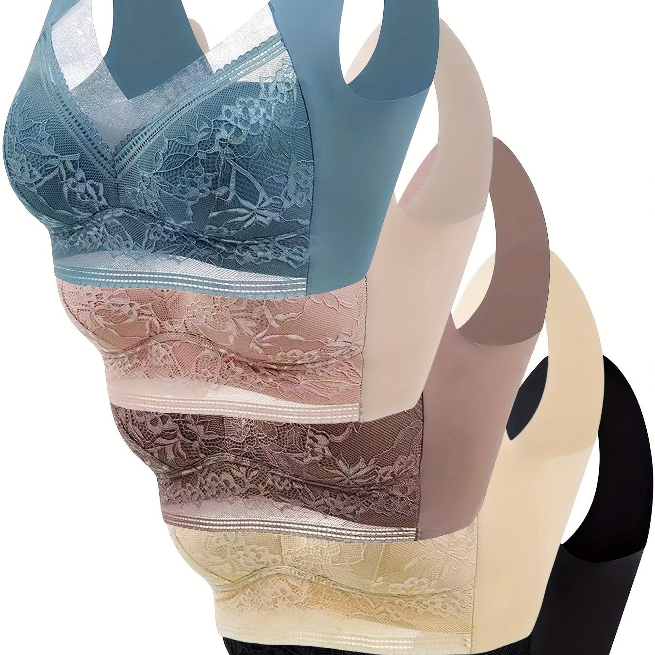 TEMU 5pcs Elegant Floral Lace Wireless Bralette Bra, Comfy & Breathable Full Coverage Push Up Intimates Bra, Women's Lingerie & Underwear, Adult Women's Casual Attire, Home, Dating And Other Occasions