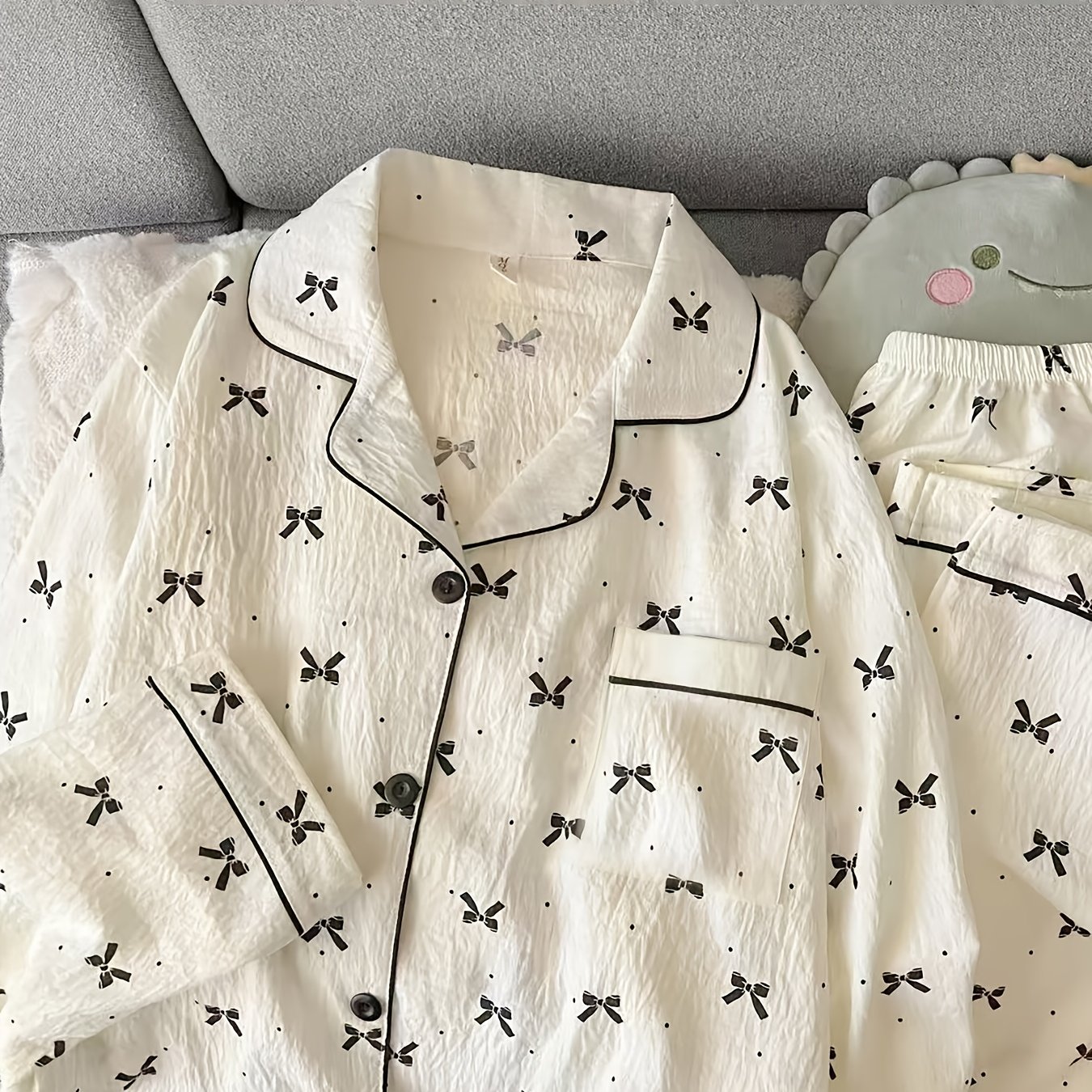 TEMU Bow Print Elegant Casual Set, Featuring A Long-sleeve Button-up Top And Elastic Waistband Pants, Suitable For Spring Women's Loungewear And