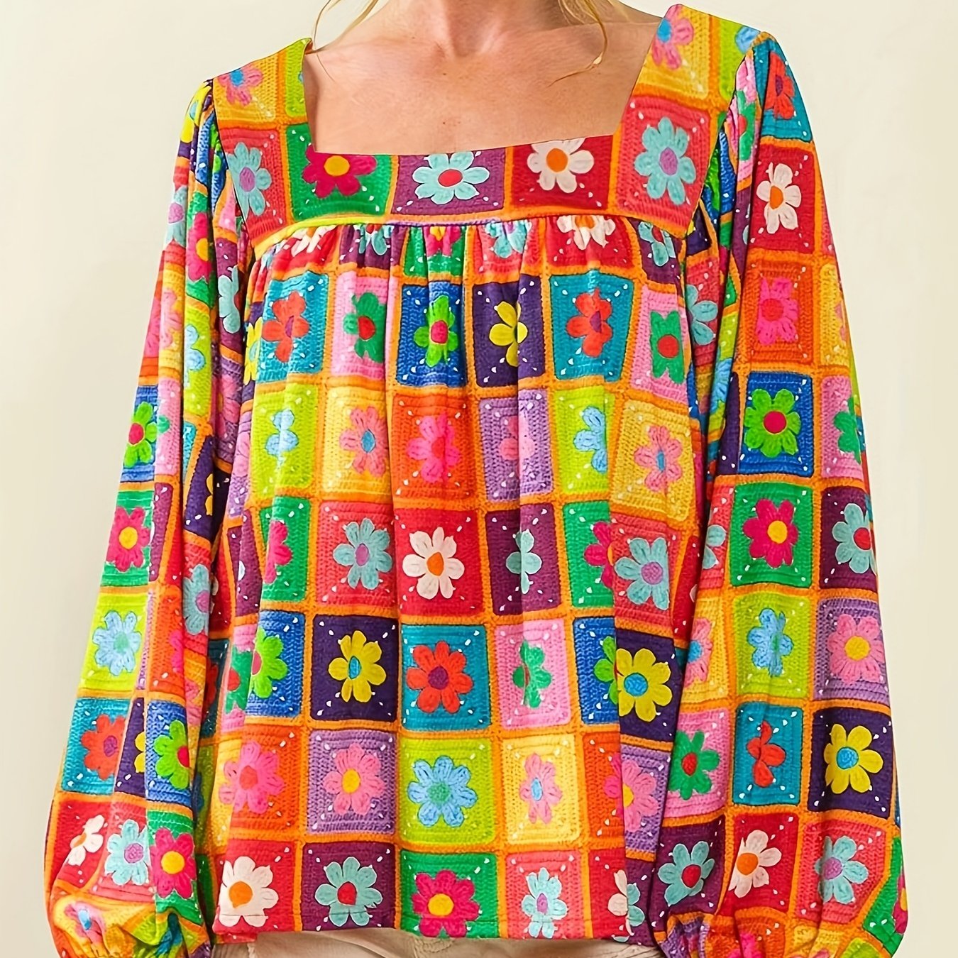 Image of Women's Vibrant Floral Neck Blouse With Sleeves - Colorful Design, Lightweight Polyester, Perfect For Spring/summer/fall, Casual Wear|vibrant Blouse|polyester Fabric
