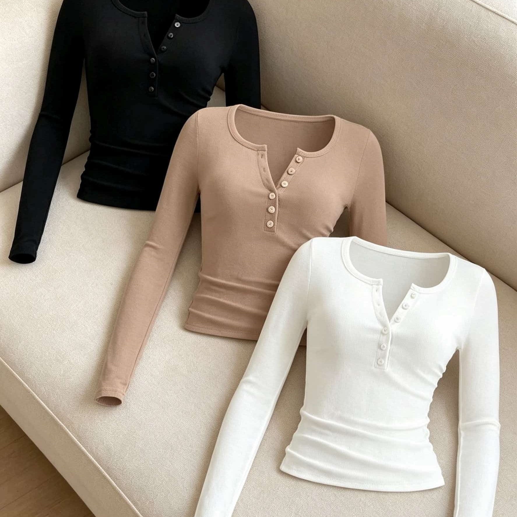 TEMU Ensemble 3 pièces automne hiver, nouveau style européen, haut décontracté à manches longues, boutonné semi-ouvert, couleurs mélangées