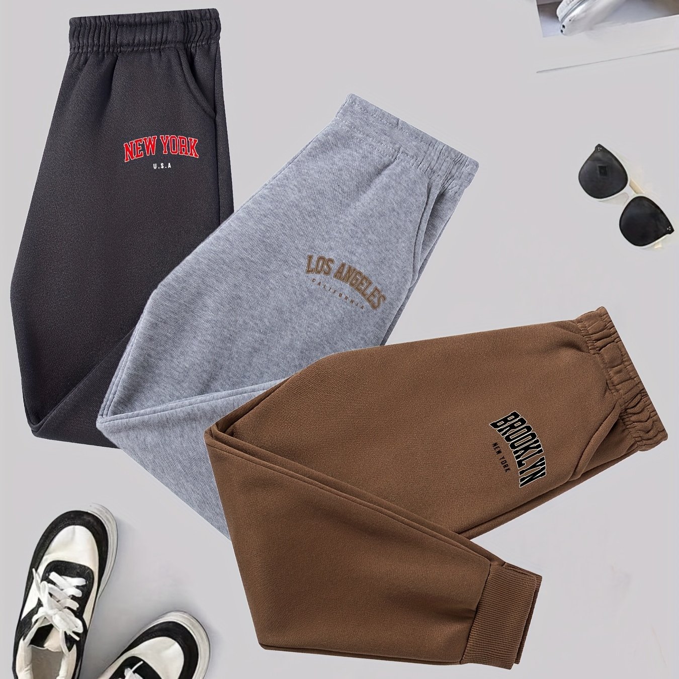 Image of Brooklyn Losangeles Fashion Letter Print Boys' Fall Winter Comfortable Sweatpants, Casual Athletic Long Pants 3-pc, For Outdoor