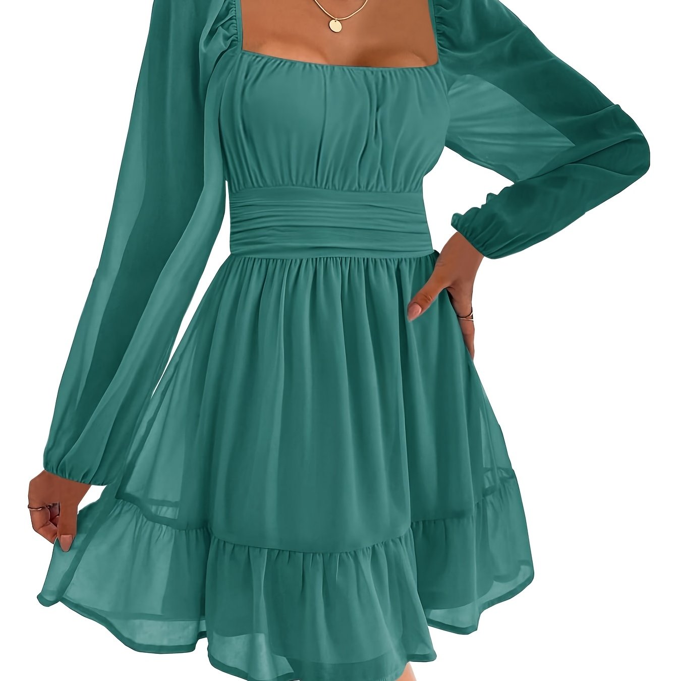Image of Women's Dresses Square Neck Party Dress Mesh Mini Dress High Waist Pleated Long Sleeve Dress Wedding Guest With Ruffles
