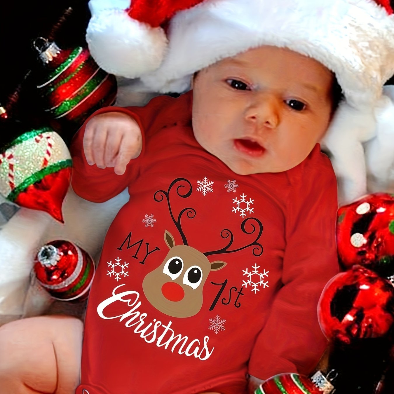 Image of My 1st Christmas Letter Print Long-sleeve Romper With Christmas Elements For Newborns, Cute Long-sleeve Bodysuit, Perfect For Outdoor