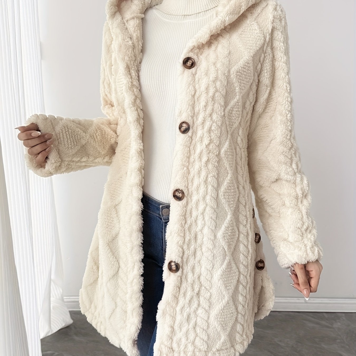 Image of Geometric Texture Patterns For Autumn And Winter 2025, Solid Color, Hooded Mid-length Teddy Bear Long Sleeve Coat, Elegant Style For Women, Coat With Buttons