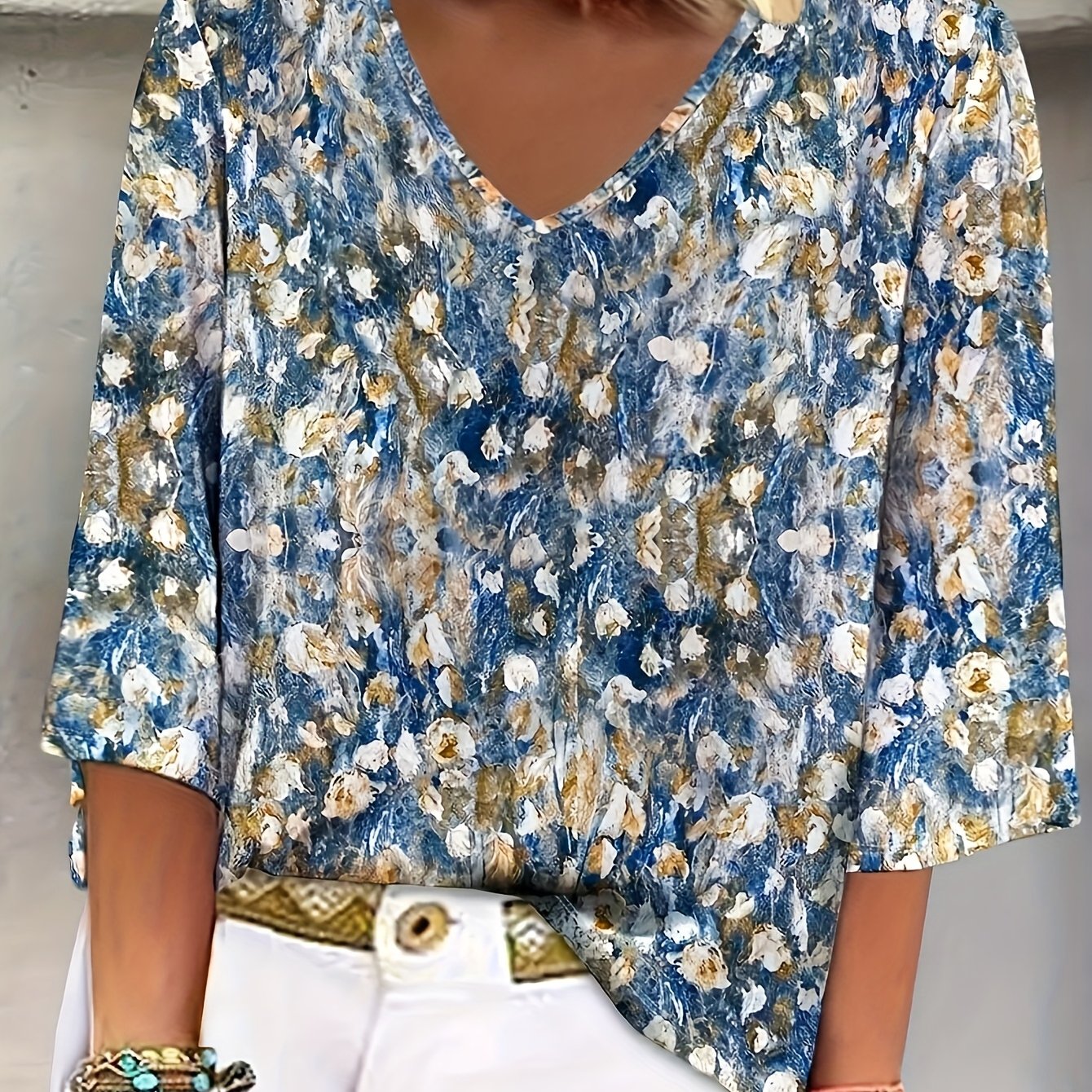 Image of Floral Mid-sleeve Top Women's V-neck Loose T-shirt Comfortable Breathable Casual Wear