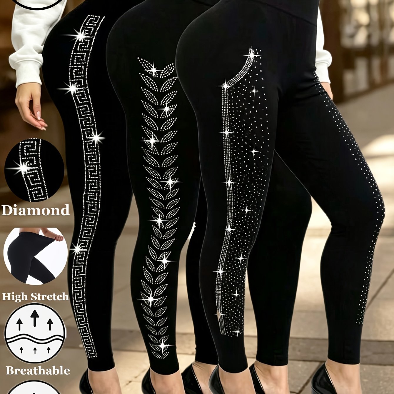 TEMU Confezione da 3 leggings da donna con strass simmetrici, stile cielo stellato, trapano caldo, , tessuto elasticizzato, casual, uscite, feste,