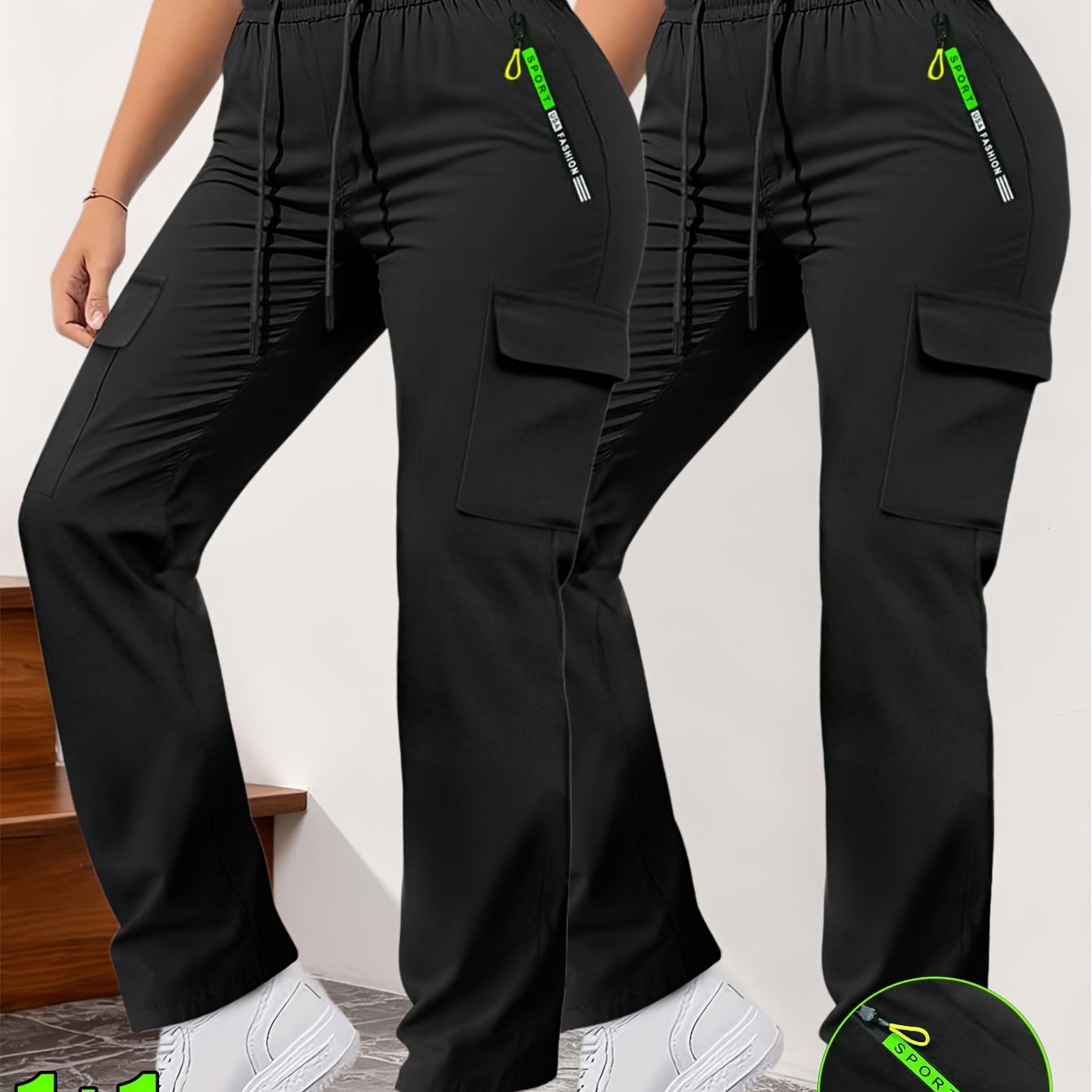 TEMU 2pcs Women's High-waisted Loose Straight-leg Cargo Pants, Side Zipper Pockets Adjustable Drawstring Daily Casual Trousers