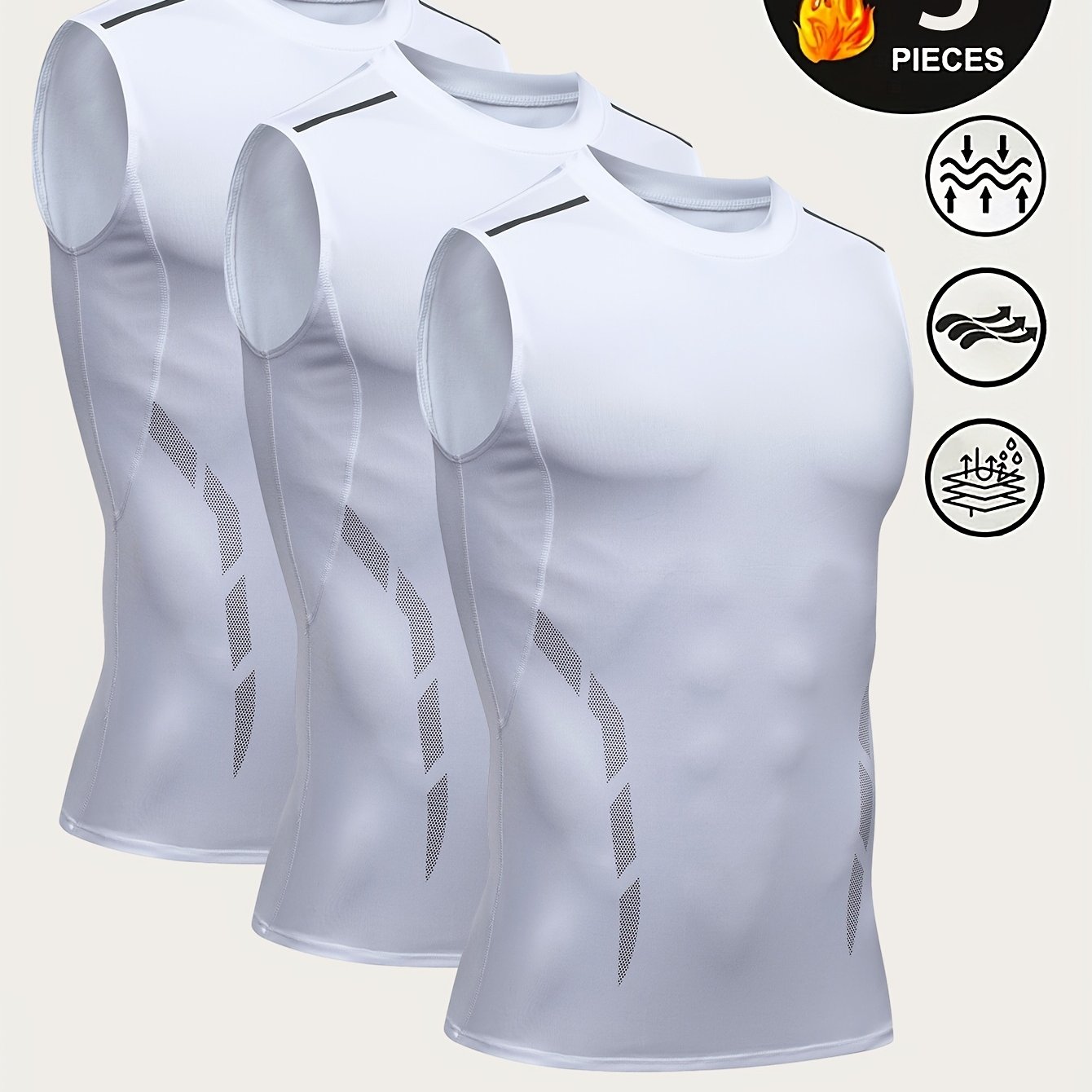 TEMU 3-pc Men's Compression Slimming Vest | Slim Fit, Suitable For , Breathable And Elastic Sleeveless Design, Fitness Training, Versatile For