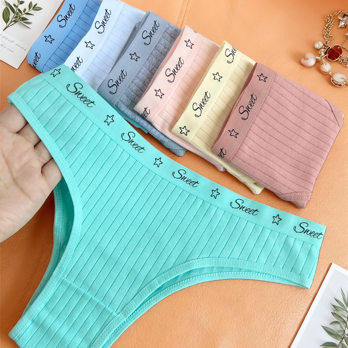 Image of 7pcs Set Of Fashion Striped Solid Breathable Mid-waist Panties Women's Letter Triangle Briefs