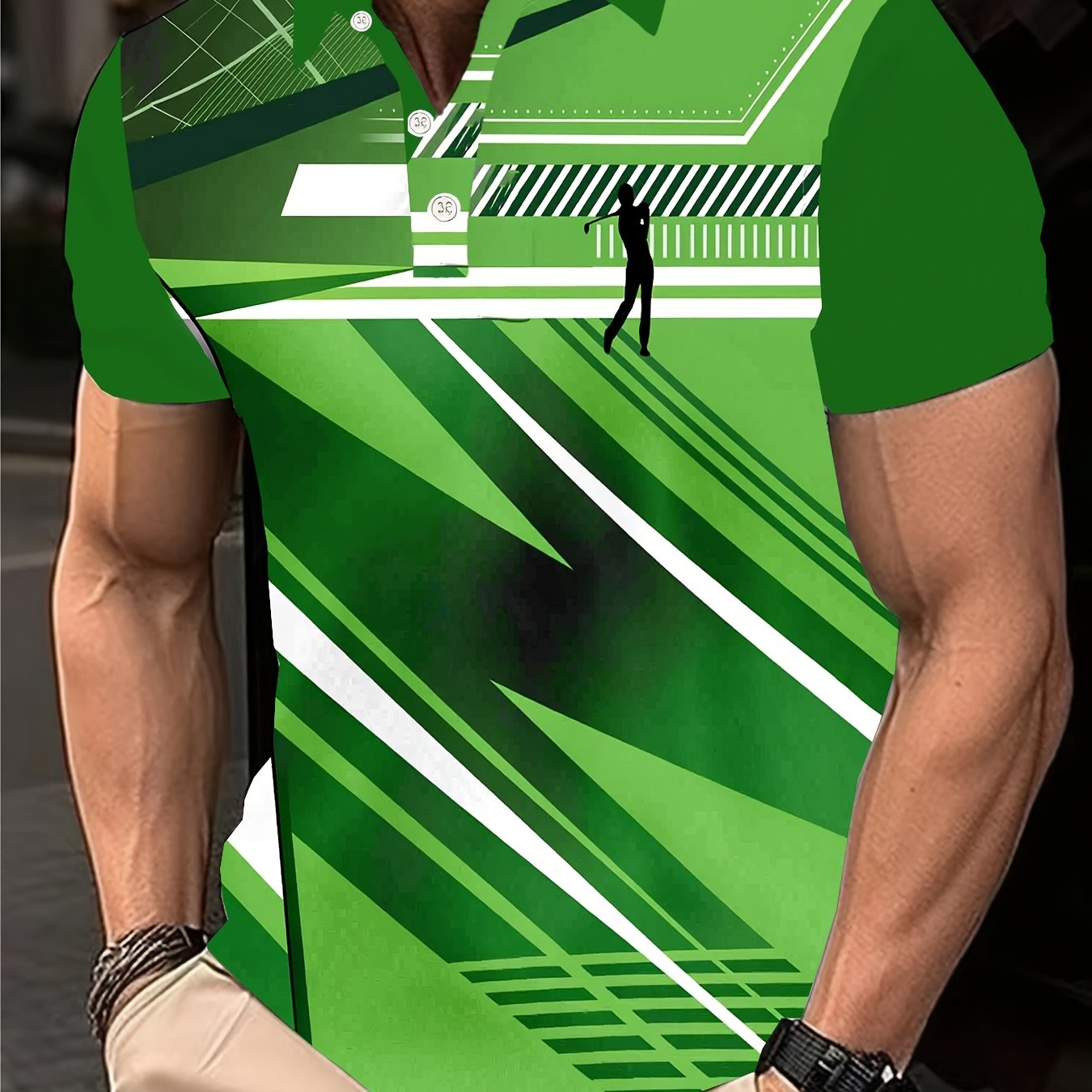 TEMU Men's Casual Sport Short-sleeve Shirt With Geometric Stripes And Golf Pattern Print, Machine Washable Polyester Fabric, Breathable Regular Fit,