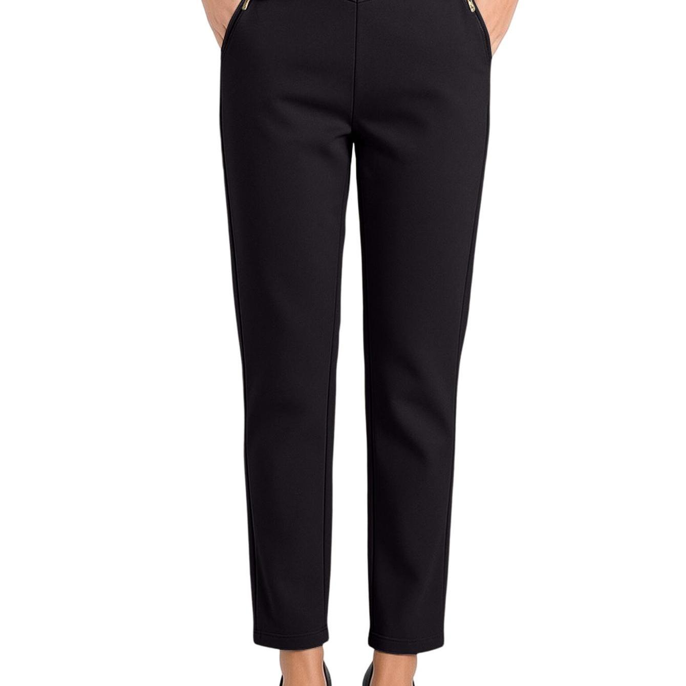 Image of Women High Waist Straight Leg Pants Stretchy Fabric With Golden Zipper Pockets Trousers Wrinkle Resistant Slim Fit Slacks For Office Work And Business Casual Wear