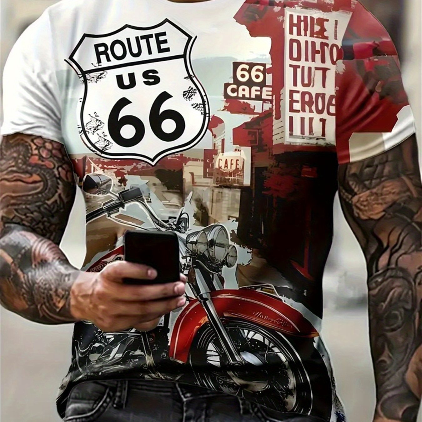 TEMU - Men's Vintage Print T-shirt - Featuring A Retro Design, Motorcycles, And Neon Signs, Style, Oversized Short Sleeves, Loose Fit, In White With