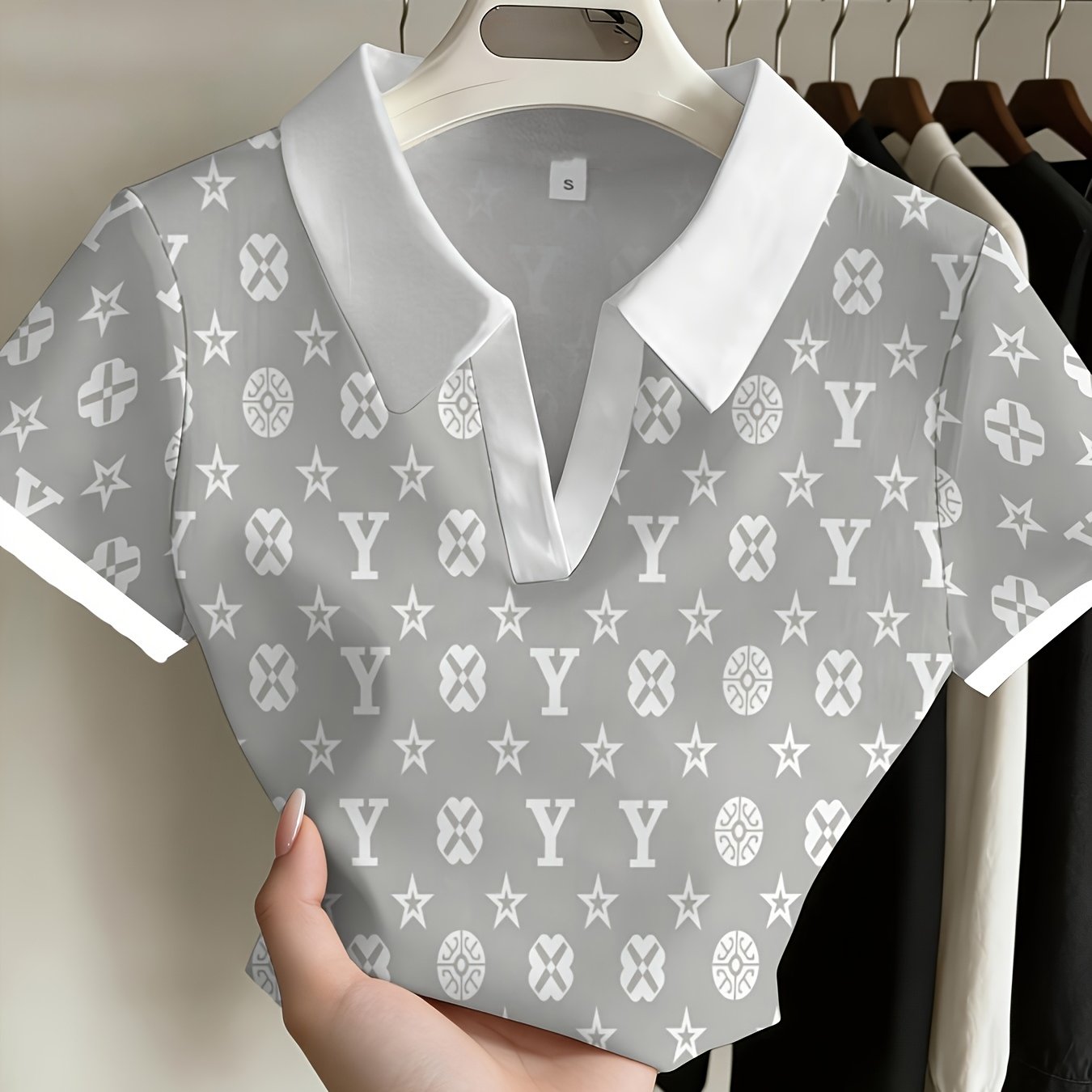 TEMU Printe Esign â Not Texture Fashion Women's Printed Short-sleeve Top With Simple Letter And Star Pattern, Lapel T-shirt, Versatile For Casual,