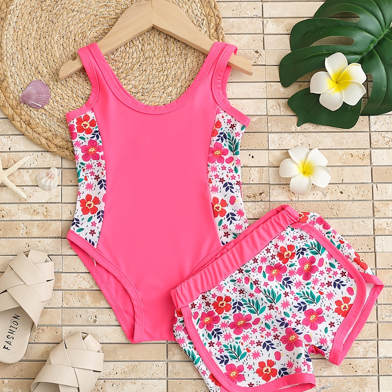 Image of Girls' Fashion Swimsuit Set, Print Sleeveless One-piece Swimsuit And Shorts 2pcs Outfit, Suitable For Girls' Vacation Beach Swimming Wear (print Pattern Position ) Swimming Pool