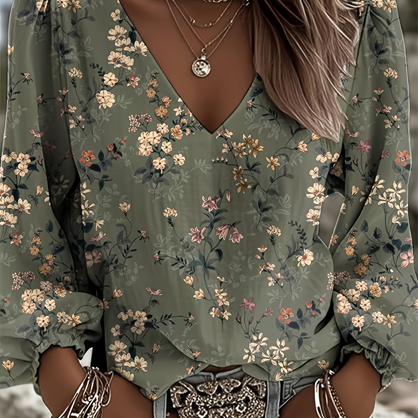 TEMU Women's Shirt, Vintage Western Style Printed V-neck Shirt, Christmas And New Year Gift, 2d Flat