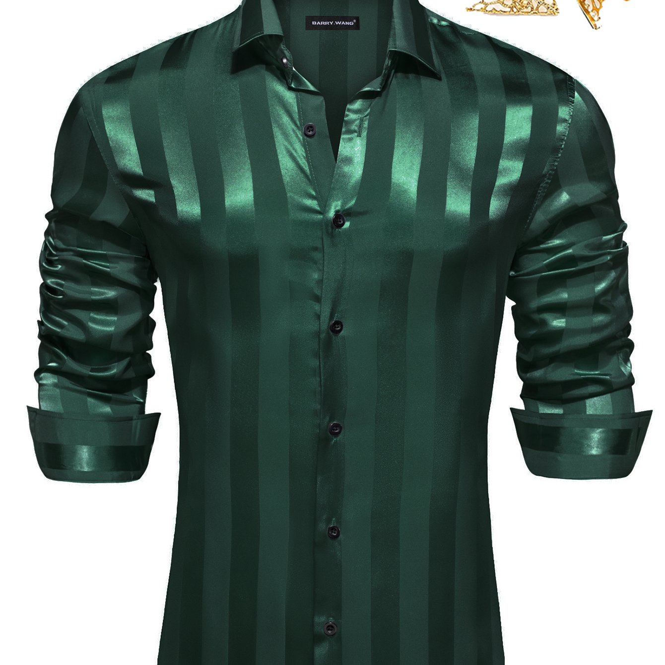 Image of Big Size Men's Dark Green Striped Pattern Long Sleeve Formal With Delicate Collar Pins For Office Work And Daily Formal Occasion, Plus Size