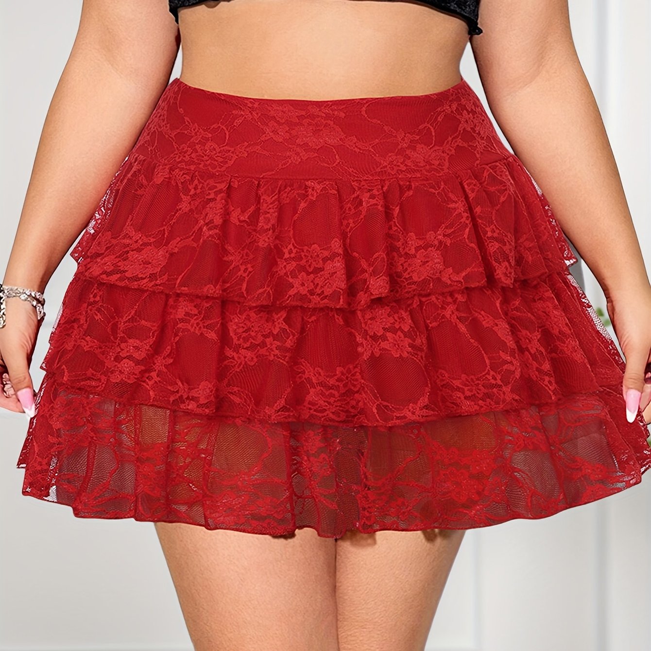 Plus Size - Plus Size - Ladies' Pleated Flared Mini Skirt With Lace Layers For Plus Size Women