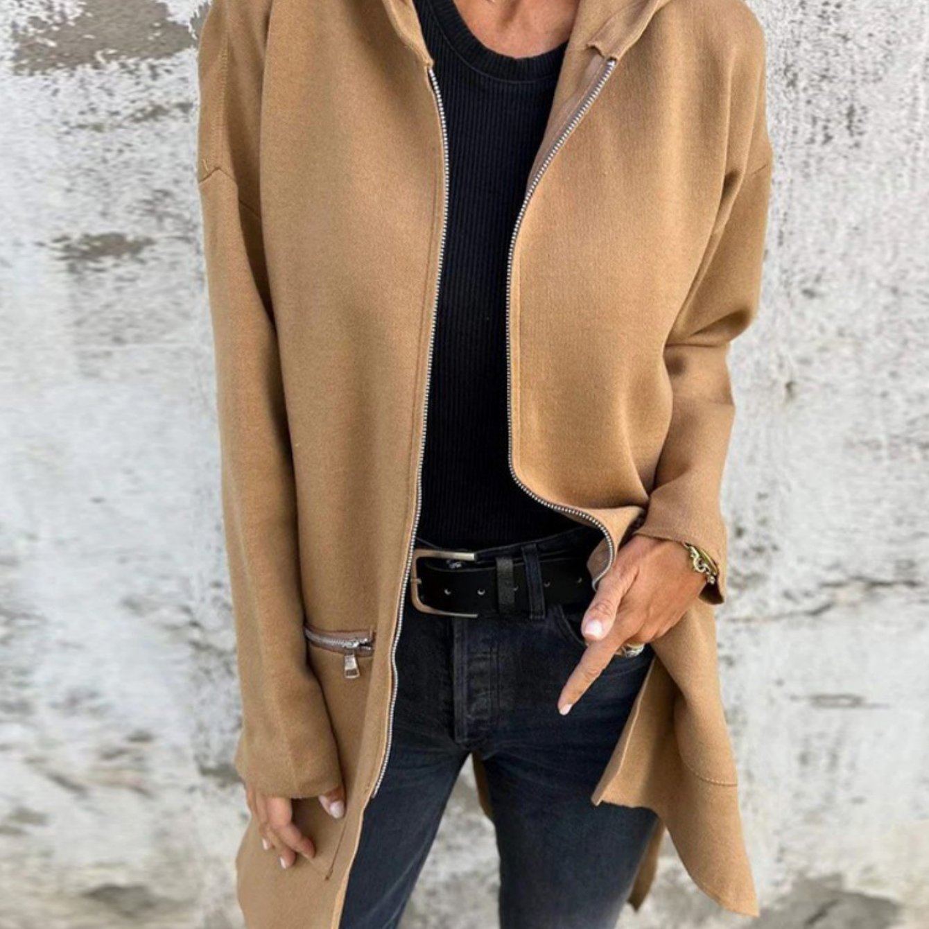 Women's Zip-front Hooded Cardigan Jacket - Mid-length Loose Fit Swe Coat With Full-length Zipper, Spring/autumn Outerwear, Casual Blazer (hand Wash/), Solid Color For Or Social Events