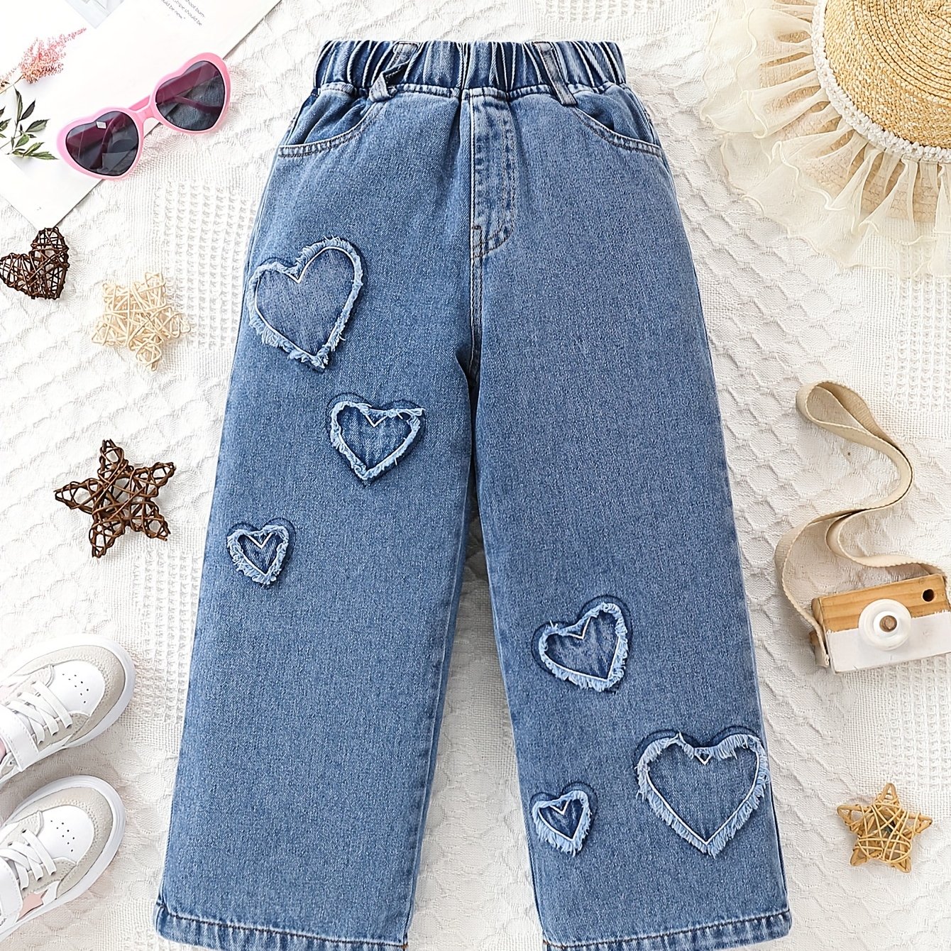 Young Girl Love Heart Sticker And Embroidered Straight Leg Jeans