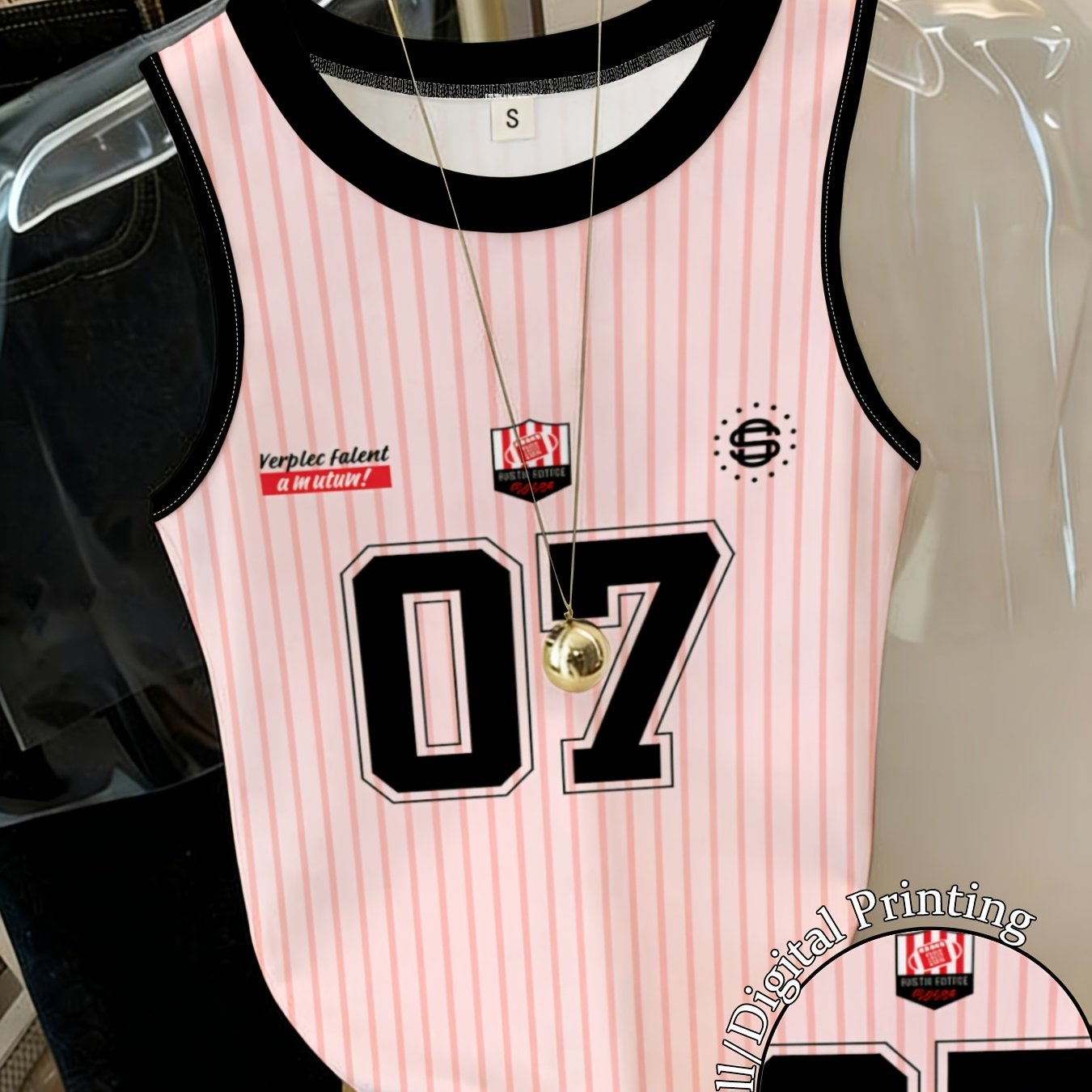 TEMU Pink Striped Basketball Style Sleeveless Top Women's Trendy Digital 07 Printed Loose Leisure Vest Summer -matching Street Sense Niche Wear Item
