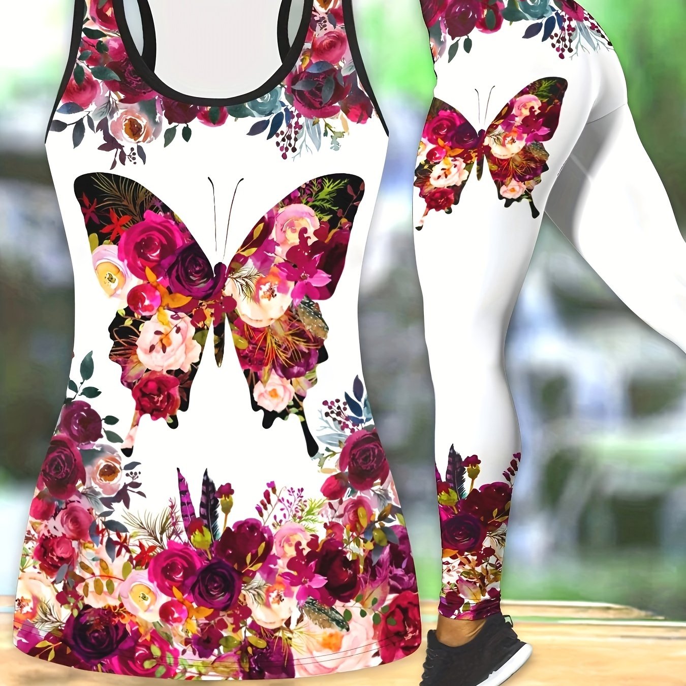 Butterfly Print Matching Two-piece Set, Tank Top & Leggings Outfits, Women's  Clothing