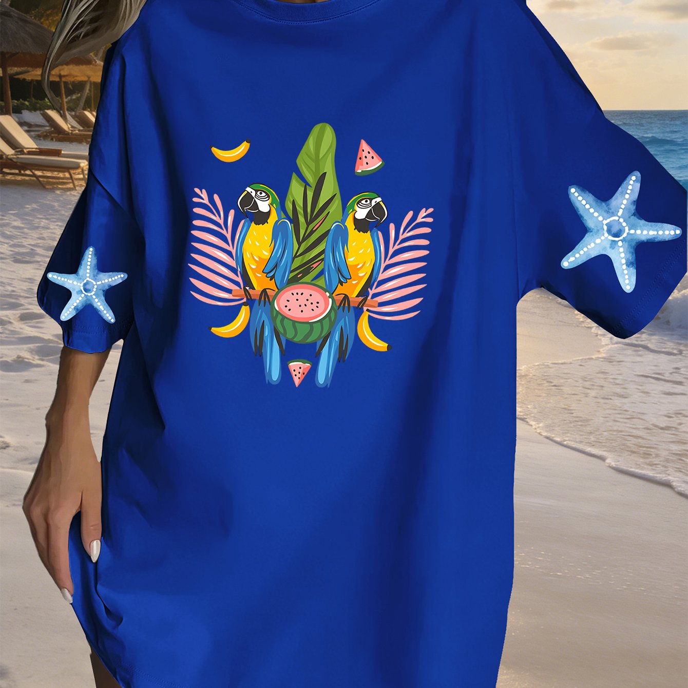 TEMU Plus Size, Tropical Fruit Blue-and-yellow Macaw Style Illustration Print Spring Summer Women's Wear Plus Size Loose Flab Hiding T-shirt, Sweet