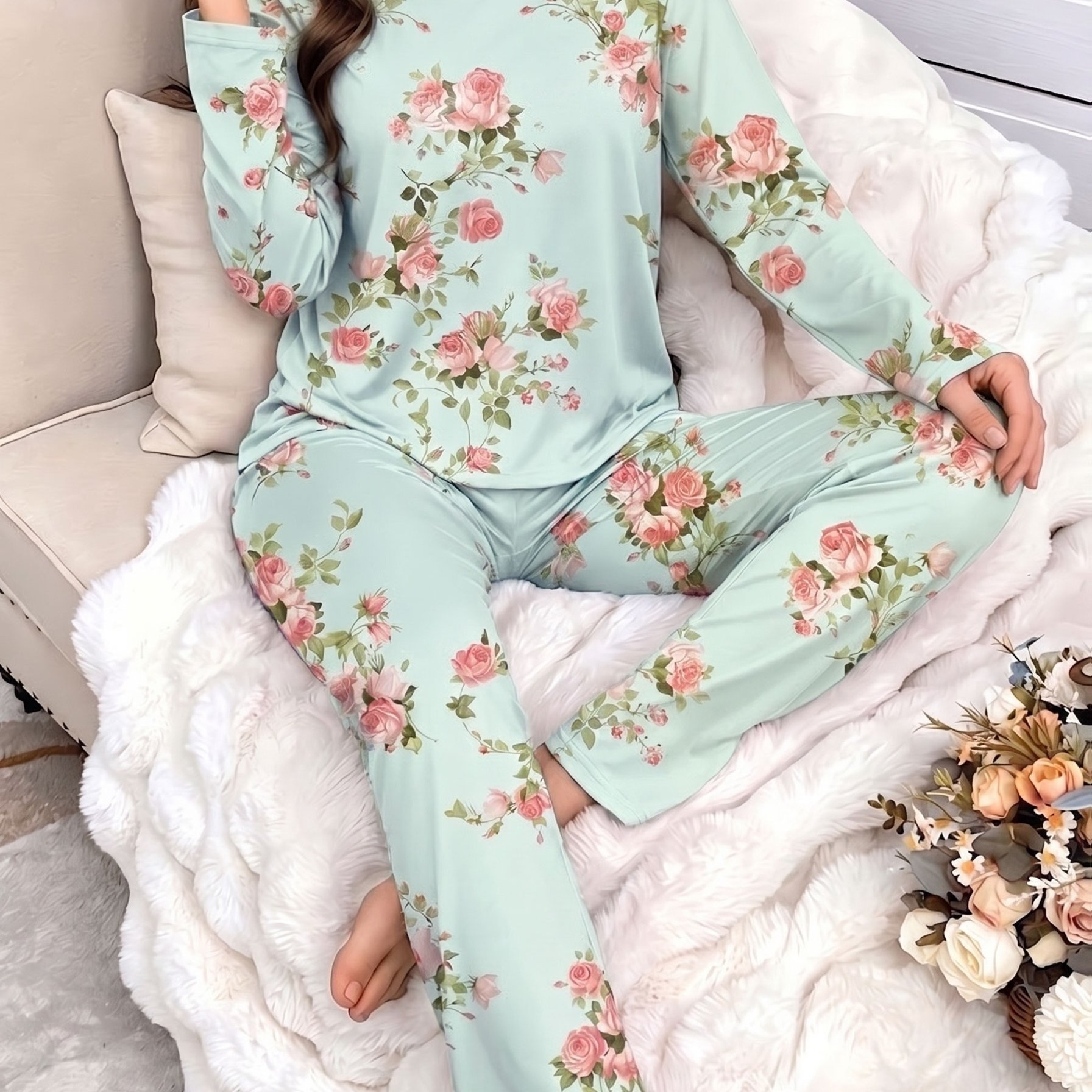 TEMU Women&;s Floral Print Long Sleeve Top And Pants Casual Comfortable Sleepwear Set For
