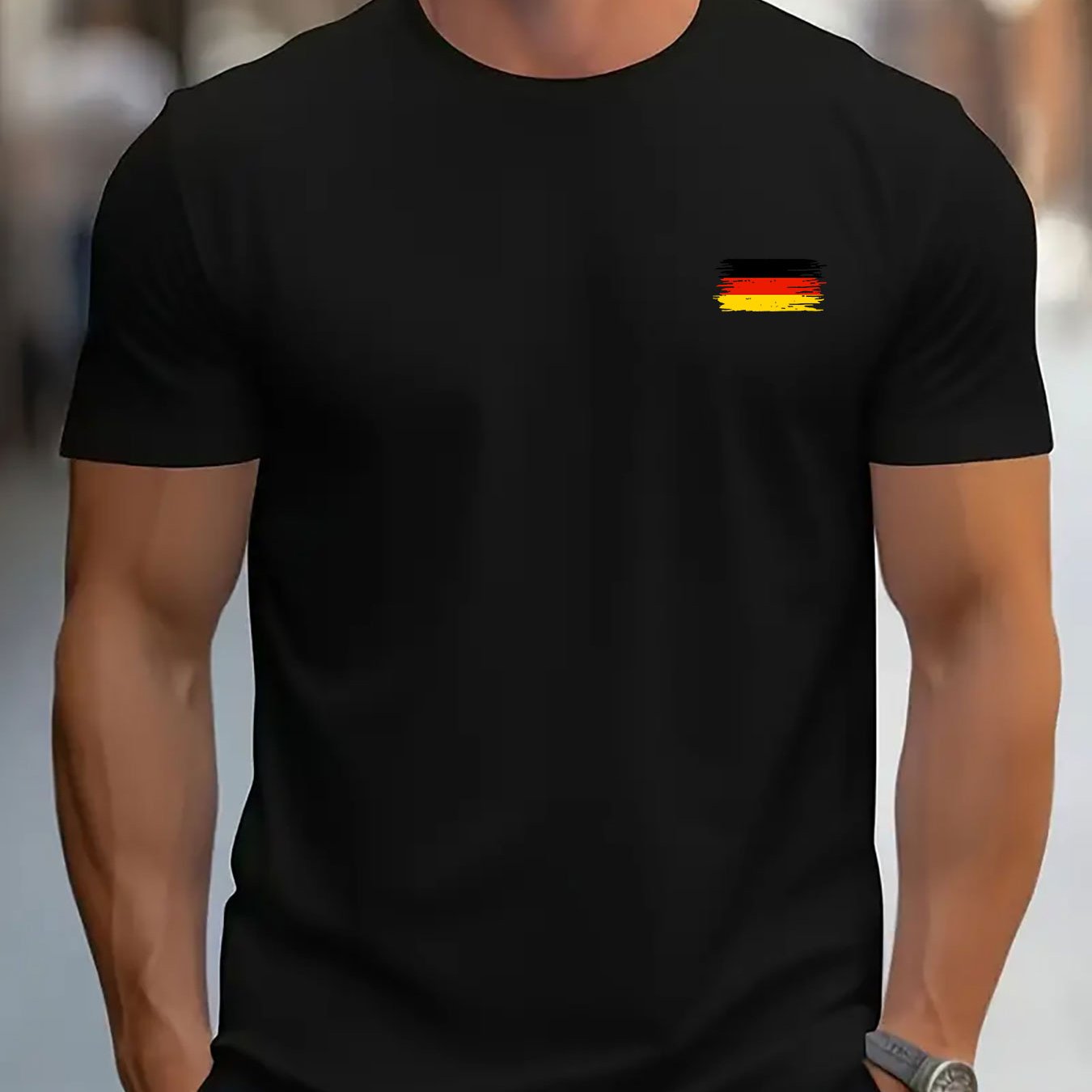 Image of Men's T-shirt Featuring The German Flag In Black, Red, And Orange. This Breathable Gym Shirt A Regular Fit Suitable For Casual And Formal Occasions. A Tee Perfect For Hiking, Training, And Casual Wear