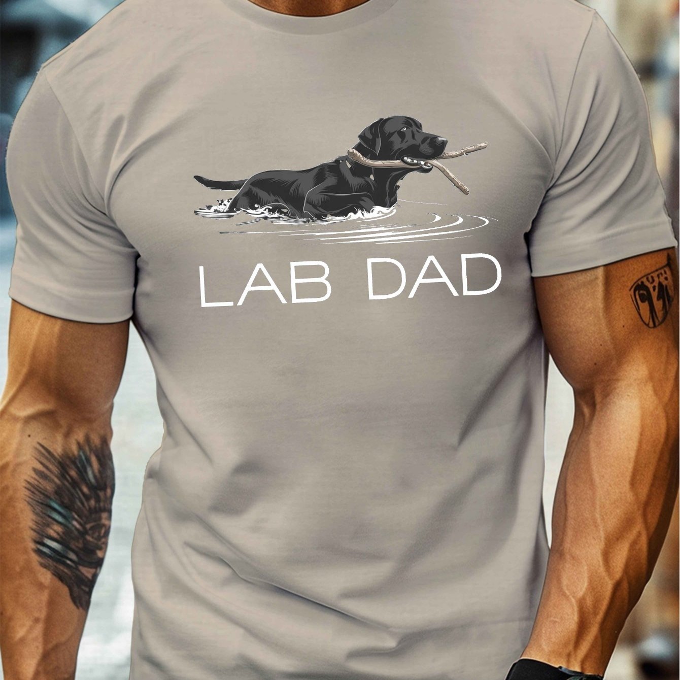 TEMU Men's "lab Dad" Graphic Tee - Casual & Lightweight Polyester, Round Neck Short Sleeve T-shirt With Swimming Labrador Design, Ideal For Summer,