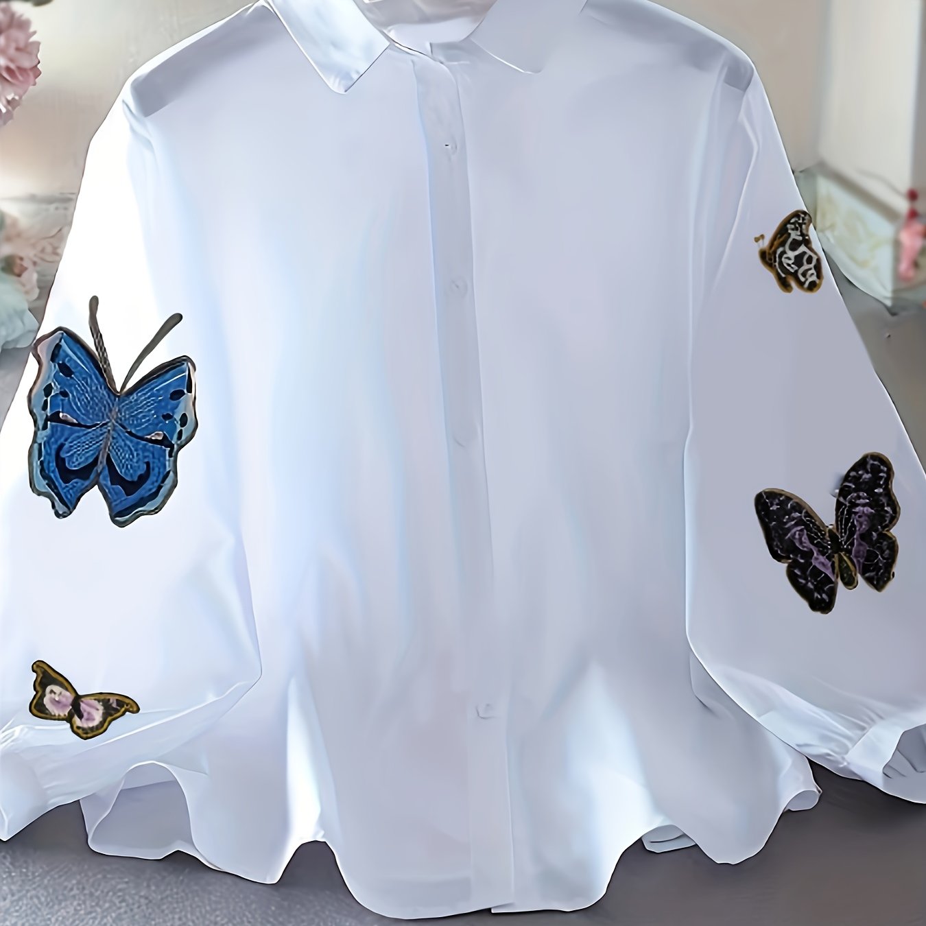Image of Butterflies Print Shirt, Long Sleeve Button Up Casual Top For , Women's Clothing
