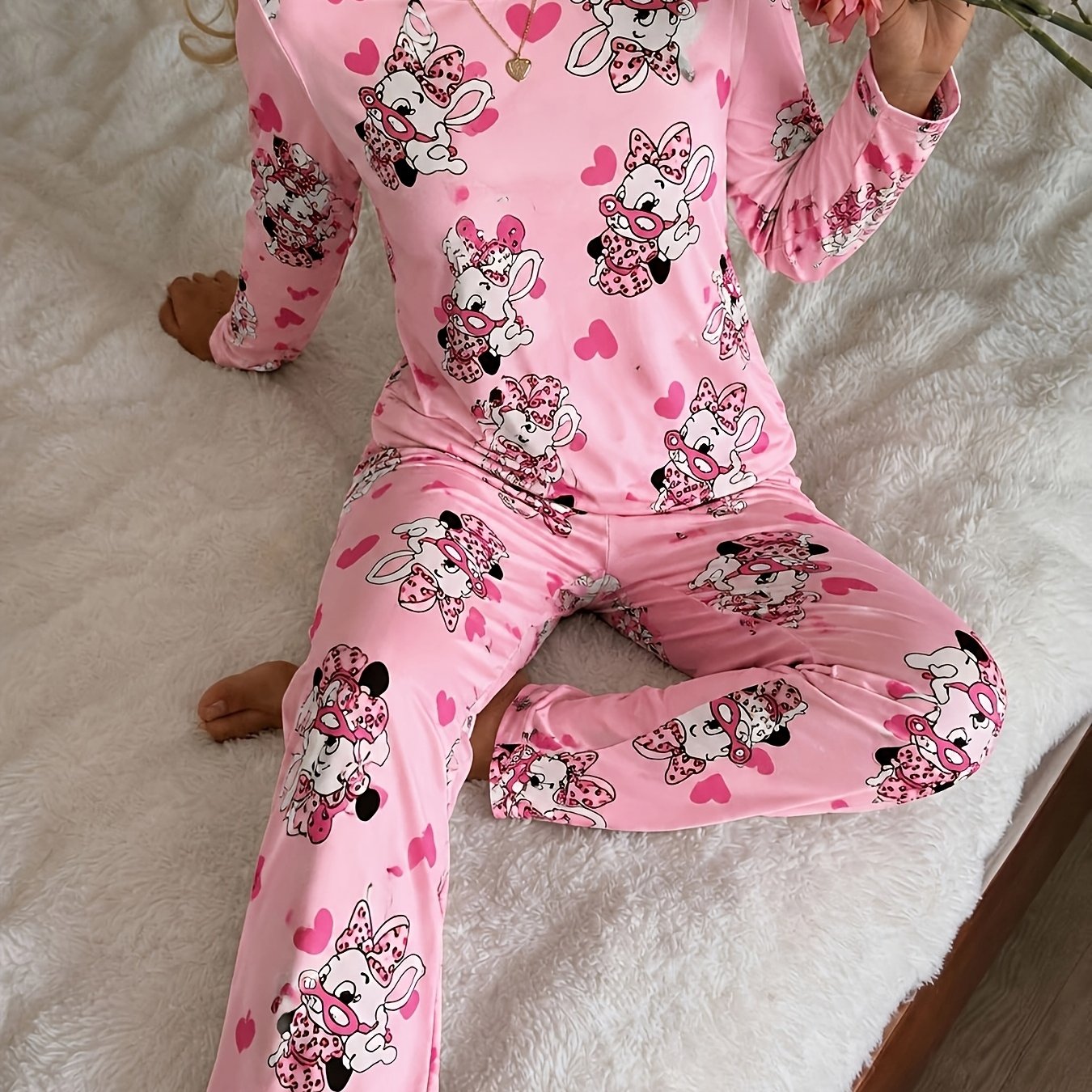 TEMU Conjunto de Pijama de Mujer con Estampado de Conejito y , Cuello y Larga, Ropa de Otoño