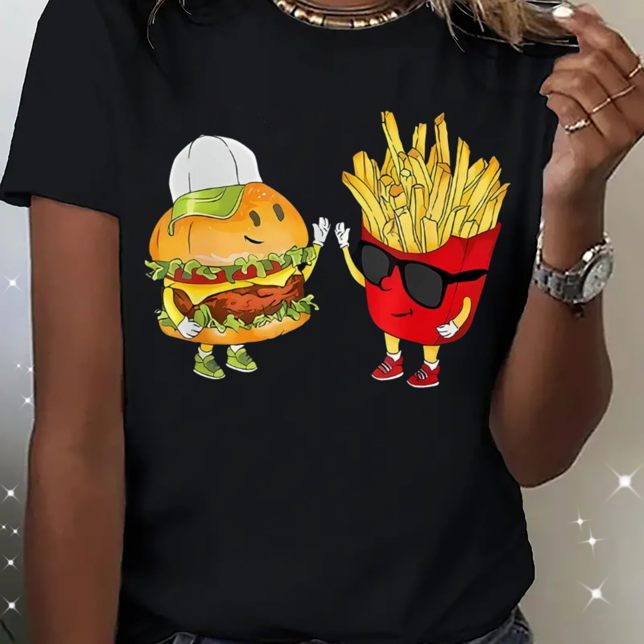 TEMU Women's Cartoon Print T-shirt - Anthropomorphic Food Characters, Breathable Round Neck Short Sleeve, Casual & Casual Attire, Machine Washable