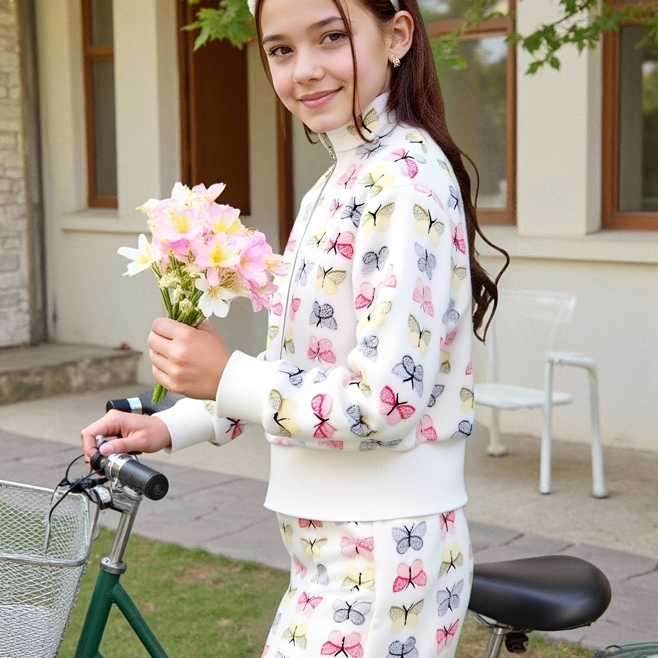 Image of A Two-piece Set For Girls Featuring A Design, Including Zip Jacket And An Elastic Waist Skirt, Soft And Comfortable, Perfect For Autumn And Winter