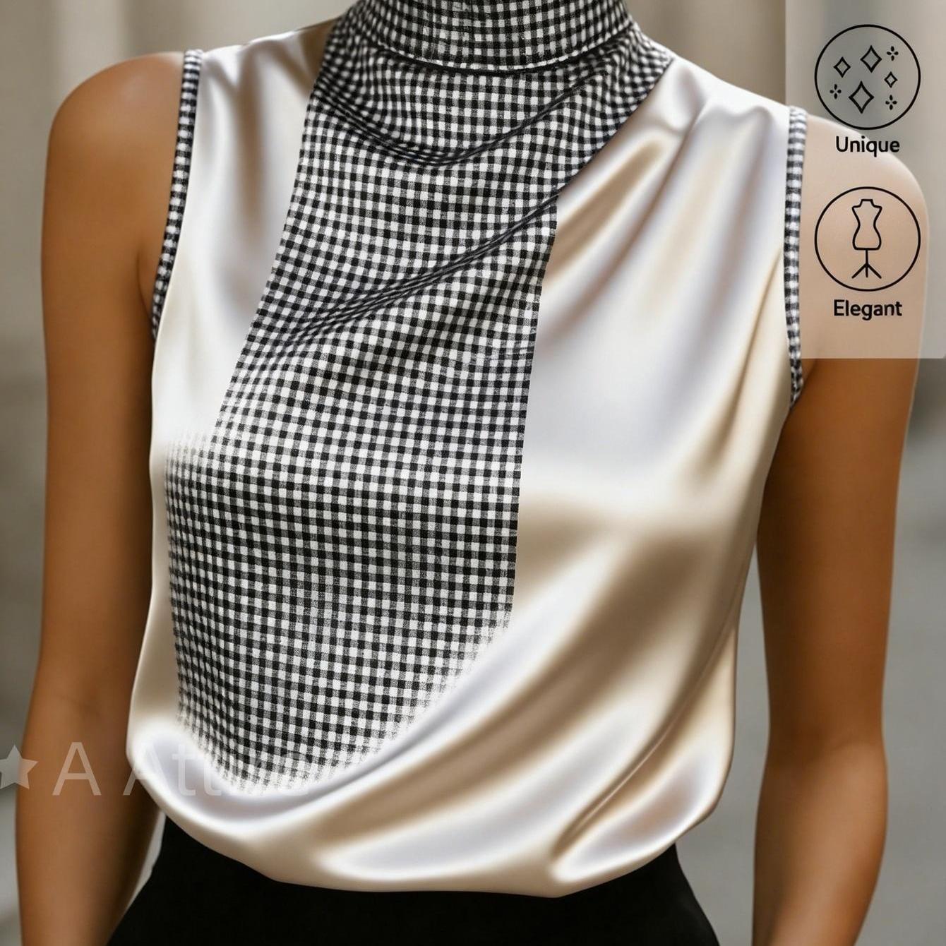 Image of Women's Summer Top Print Satin Panel Sleeveless Vest With Small Stand Collar, Elegant And Comfortable Summer Wear, Stylish And Casual, Suitable For Commuting, Dates, And Everyday Wear, A Great Gift