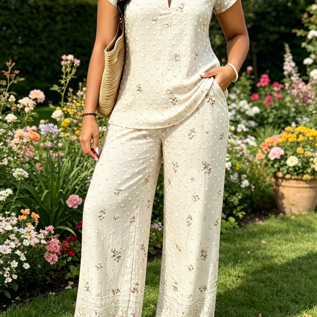 Plus-size Women's Summer Clothing Women's Suit, Beige Polka Dot Floral Print Short-sleeve Top And Wide-leg Pants Two-piece Set