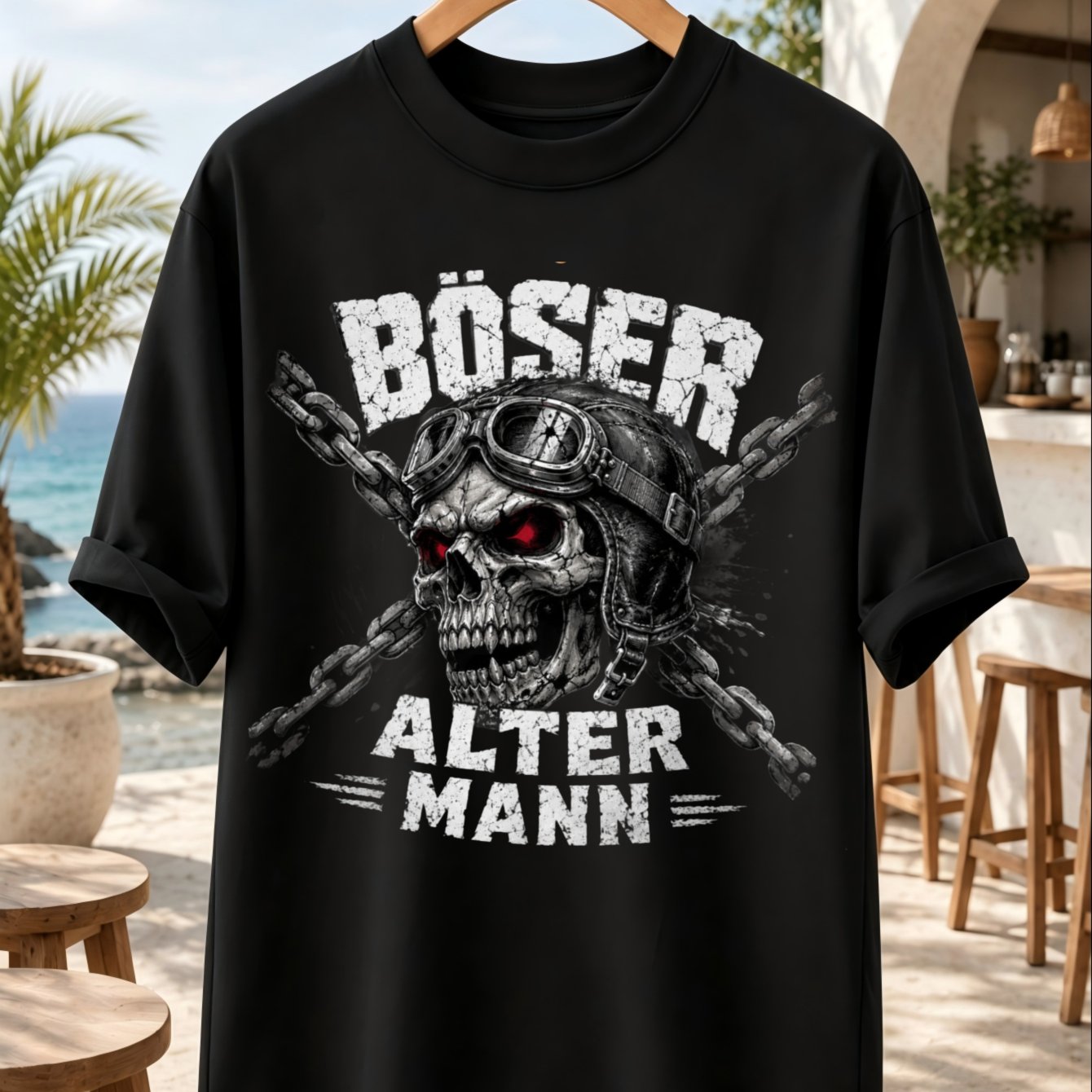 Image of Old T-shirt Ace Aviator Skull With Red Eyes And Chains Distressed Biker Style Dark Graphic Unisex All T-shirt