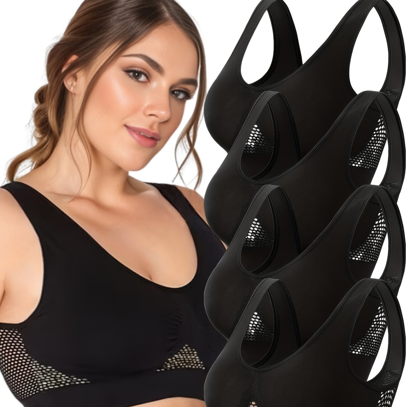 4pcs Women's Plus Sports Bra, Plus Size Solid Hollow Our Single-layer Breathable Fitness Bra