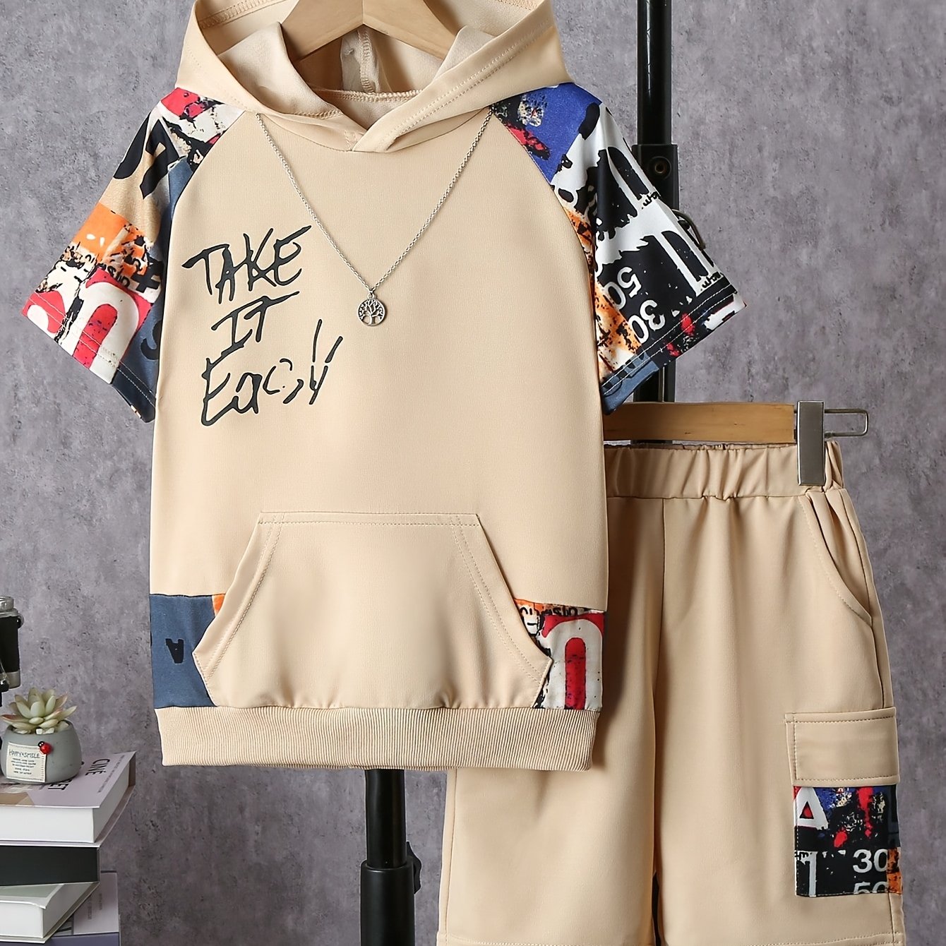 Image of Boys' Summer Casual Trendy Letter Print Hooded Short Sleeve Top + Elastic Waist Loose Shorts Two-piece Set, Perfect For Outdoor