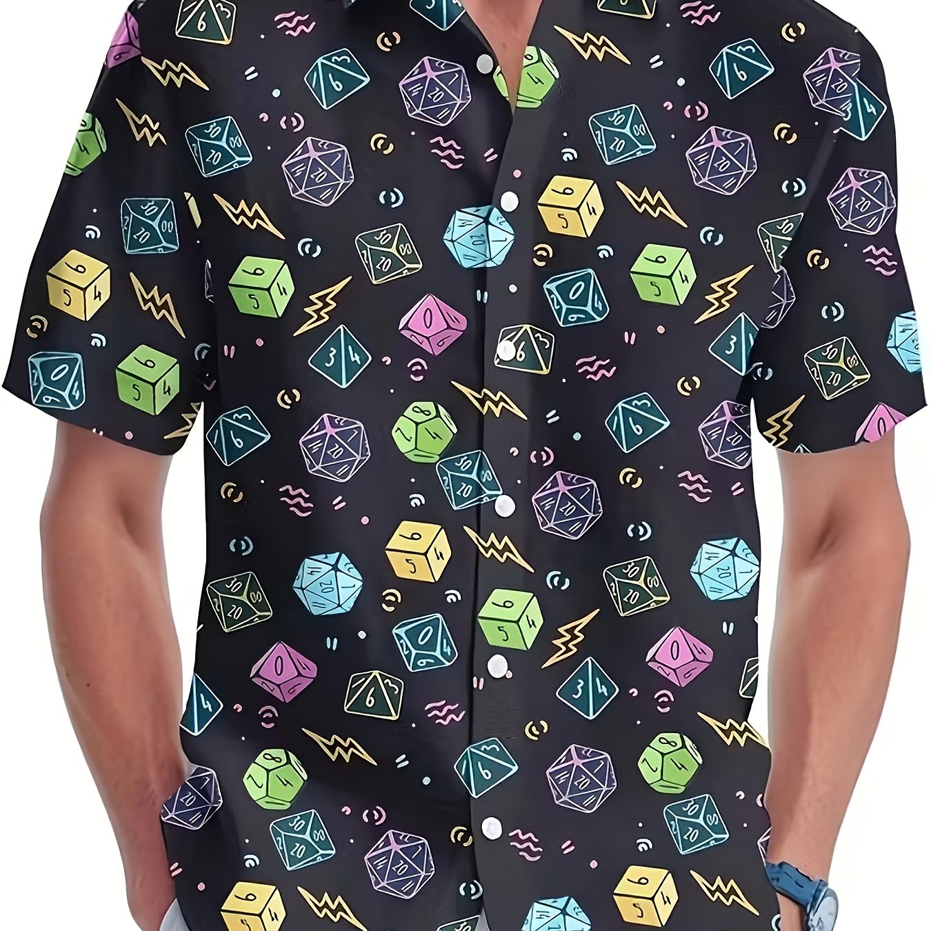 TEMU Men's Hawaiian Short Sleeve Shirt - Lightweight 3d Dice Print Button-up Collar Shirt, Single-breasted Button Front, 100% Polyester Relaxed Fit