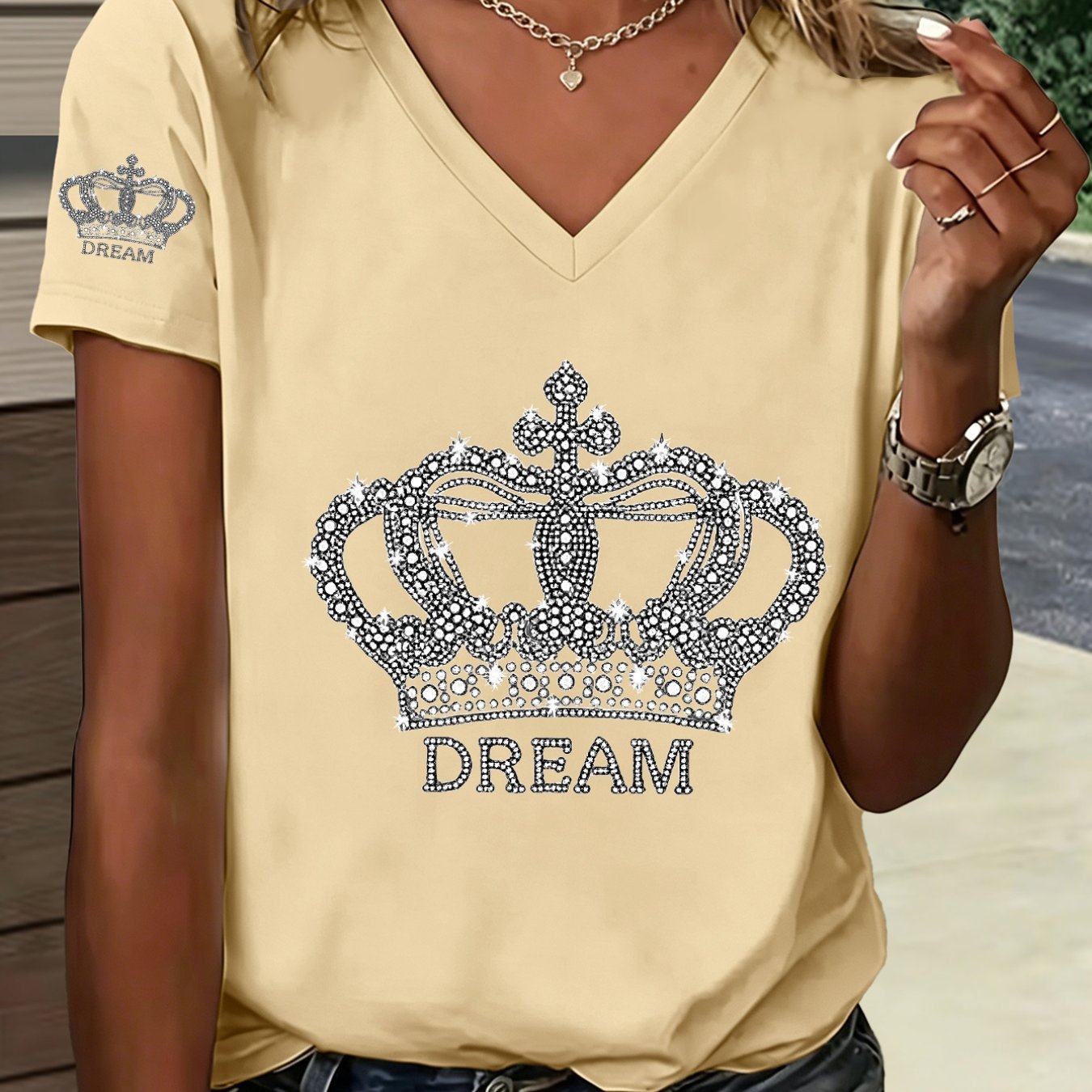 TEMU 1pc Rhinestone Crown Print V-neck T-shirt Fashionable Design Highlight Elegant Temperament Summer New Y2k Style Women's Casual Athletic Wear