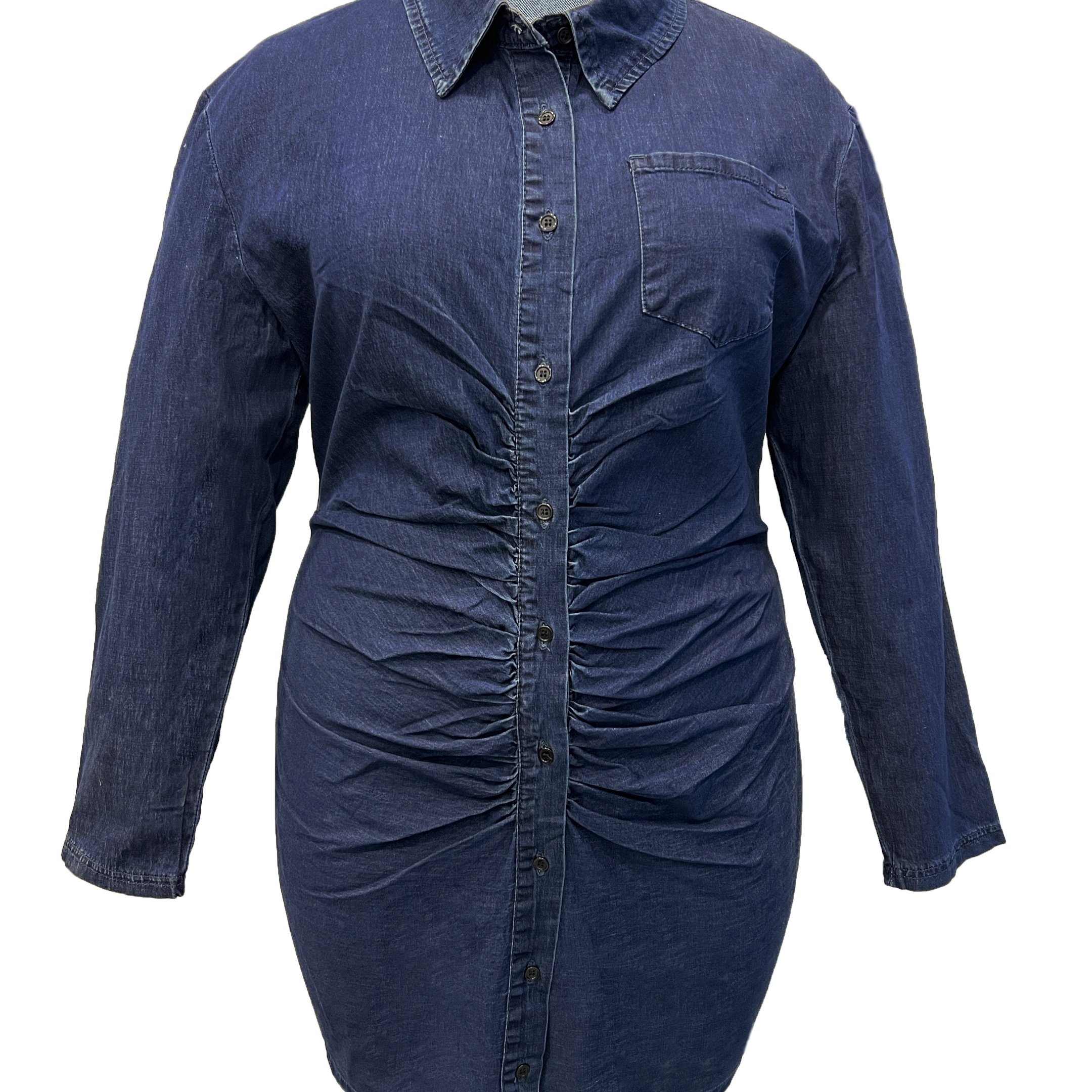 plus size casual denim dress womens plus solid ruched long sleeve button up lapel collar shirt denim dress