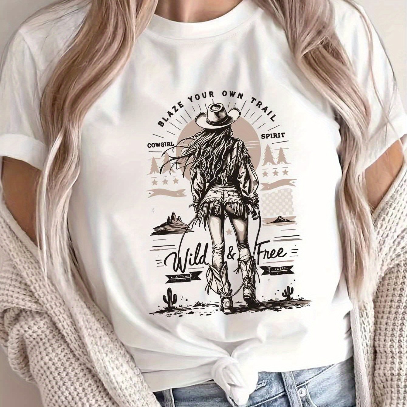 TEMU Wild Cowgirl Women's Vintage Fashion Round Neck Short Sleeve T-shirt Women's Pullover