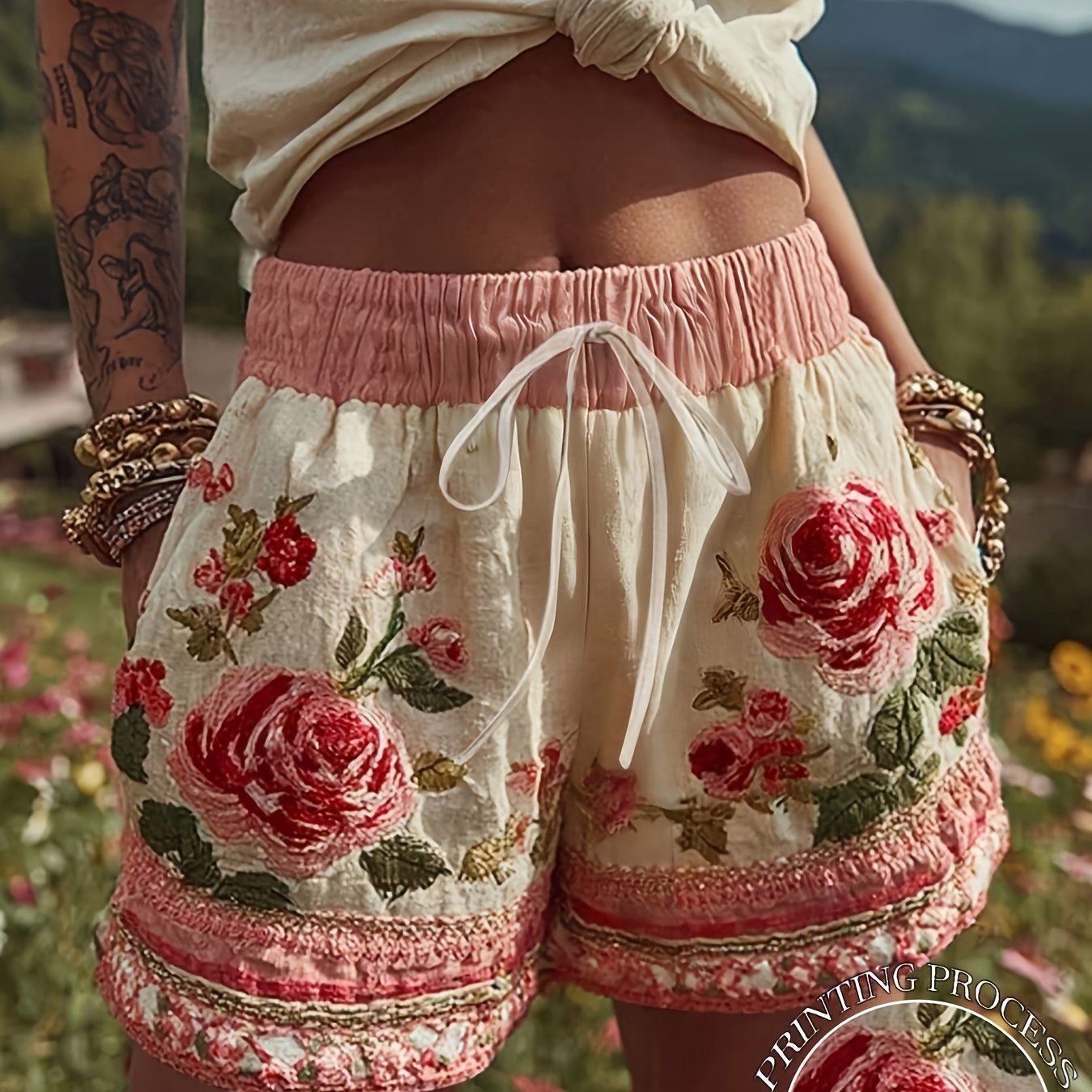 TEMU Shorts amples pour femmes à imprimé floral, taille élastique avec cordon de serrage, style vacances d'été