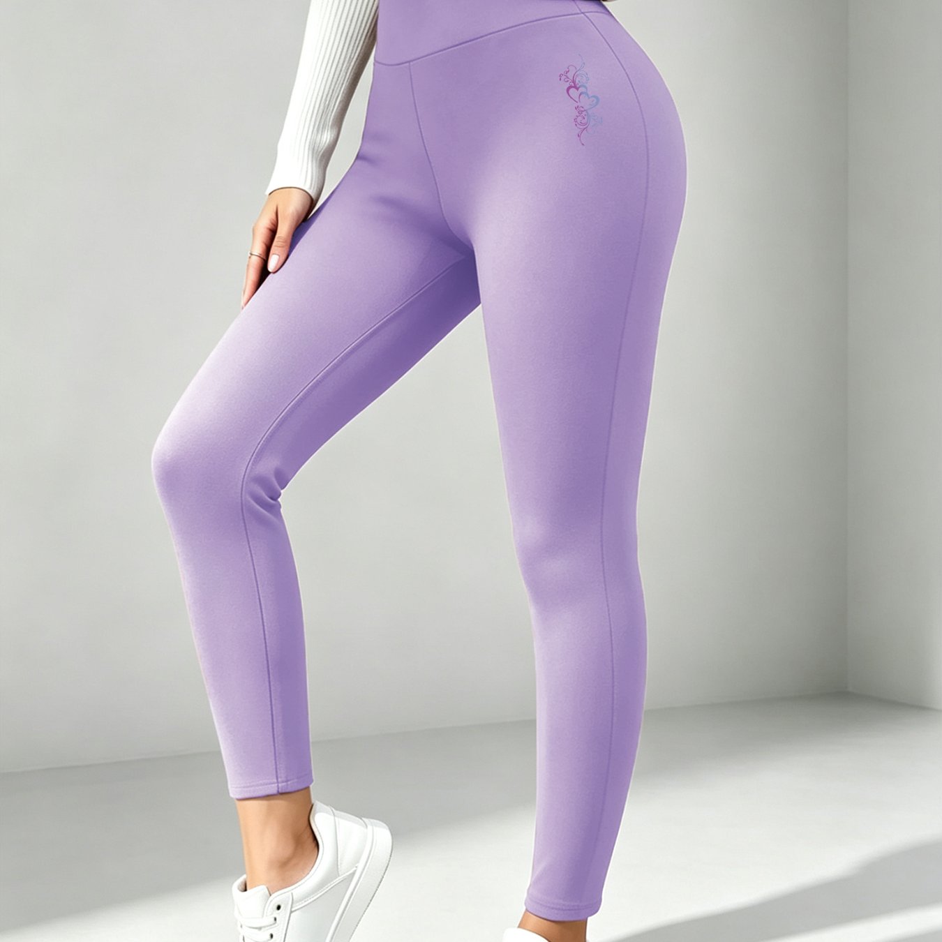 TEMU Solid Color Casual Slim Leggings Women's Gradient Purple Heart Vine Pattern Print Mature Style Casual Long Pants